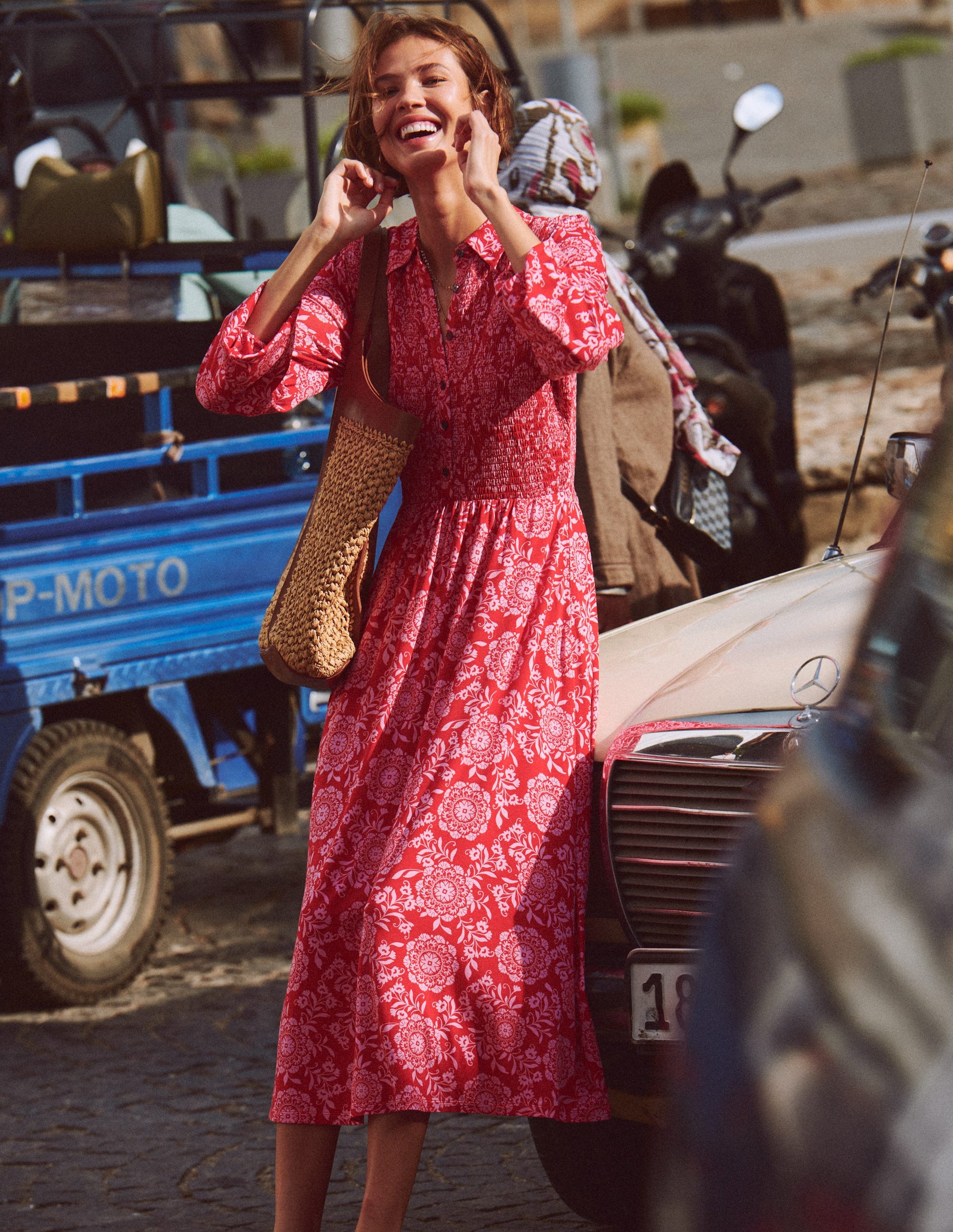 Smocked Jersey Shirt Dress-Merida Red, Decorative Blossom | Boden UK Smocked Jersey Shirt Dress-Merida Red, Decorative Blossom | Boden UK
