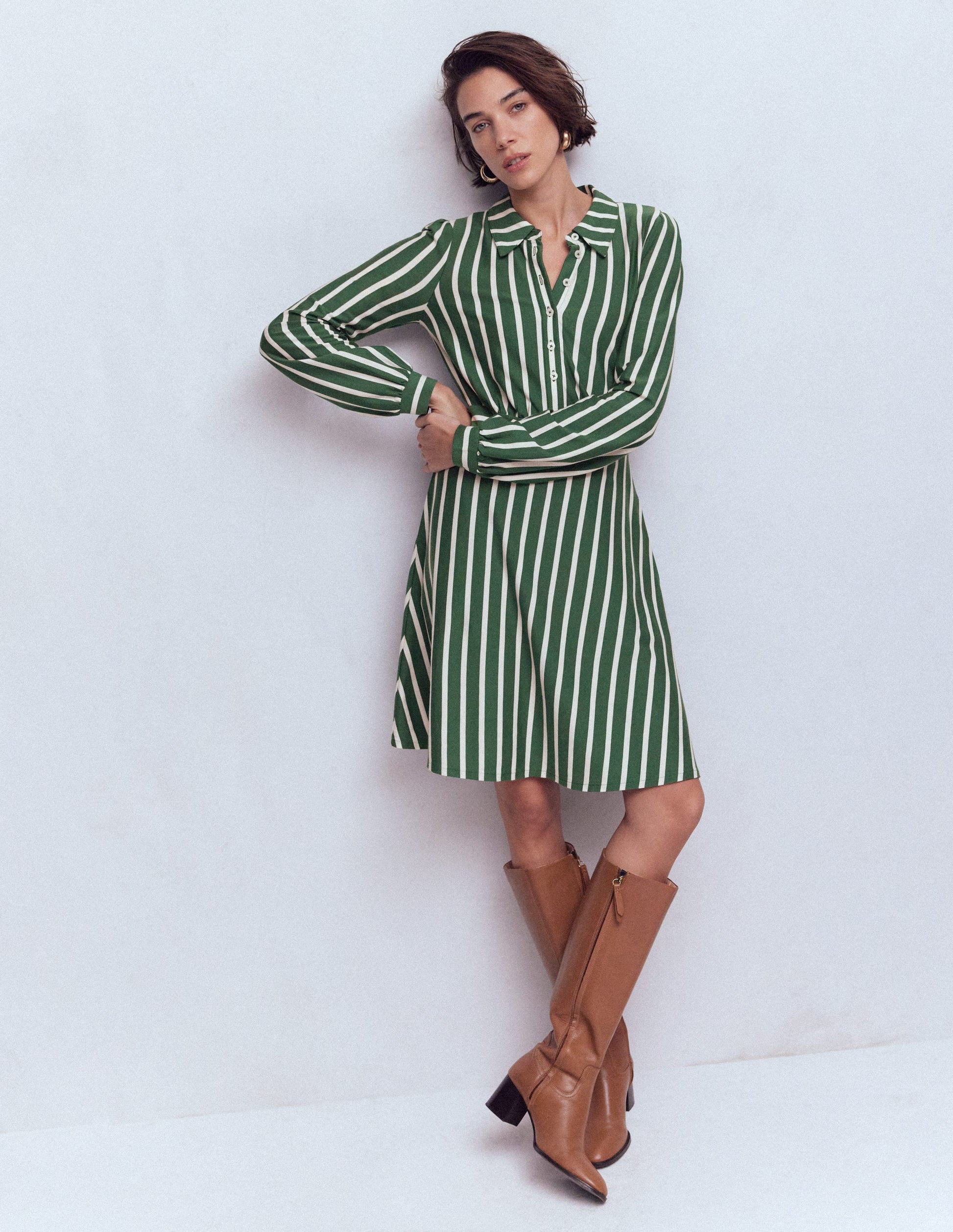 Orla Short Jersey Shirt Dress-Hunter Green, Ivory Stripe-1