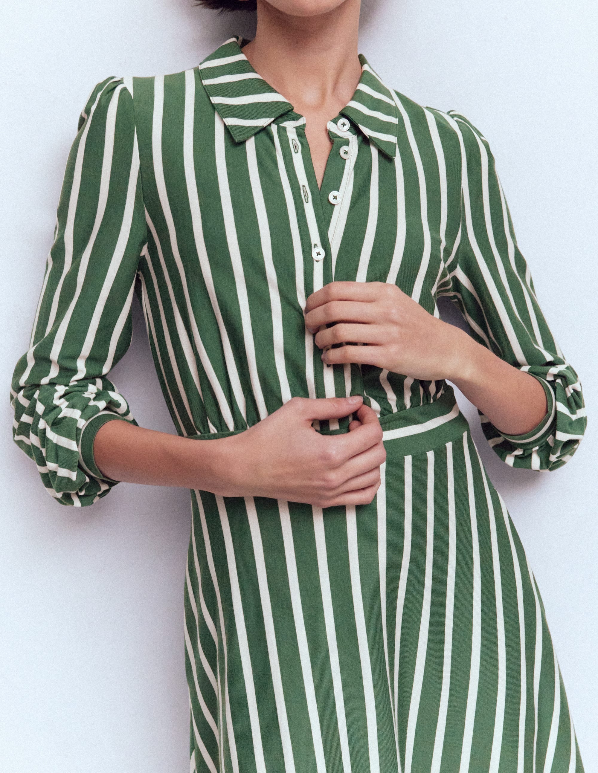 Orla Short Jersey Shirt Dress-Hunter Green and Ivory Stripe - Image 2