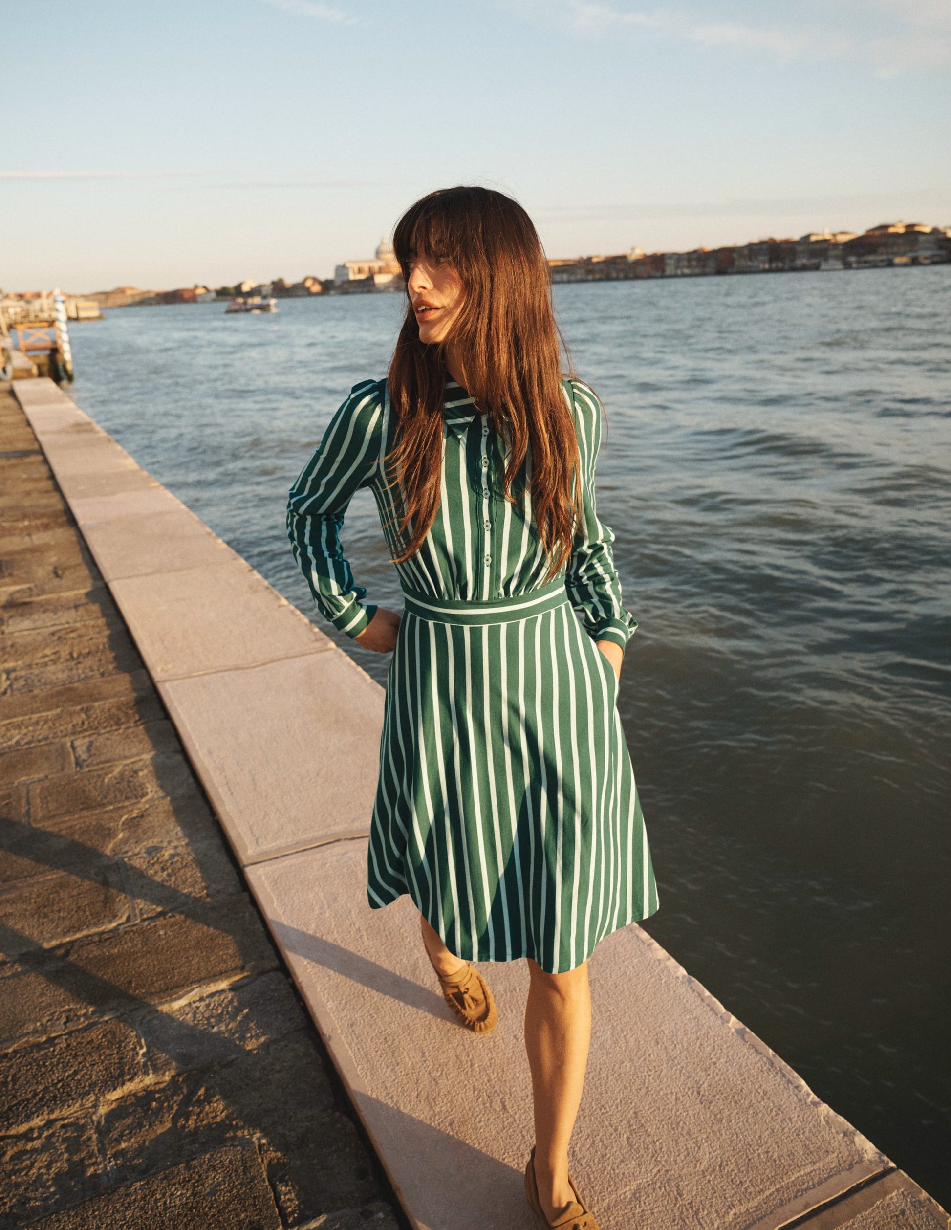 Orla Short Jersey Shirt Dress-Hunter Green, Ivory Stripe-1