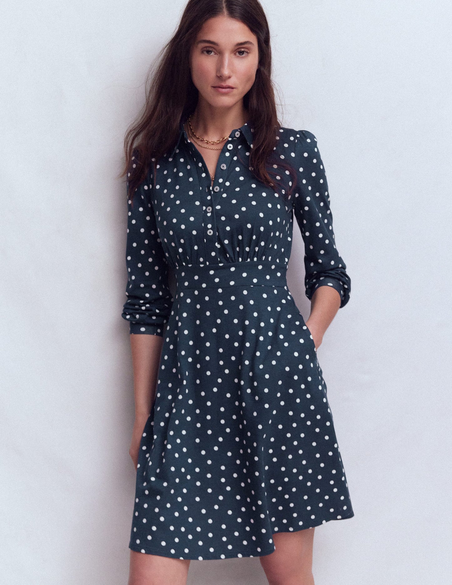 Orla Short Jersey Shirt Dress-French Navy, Painted Dot