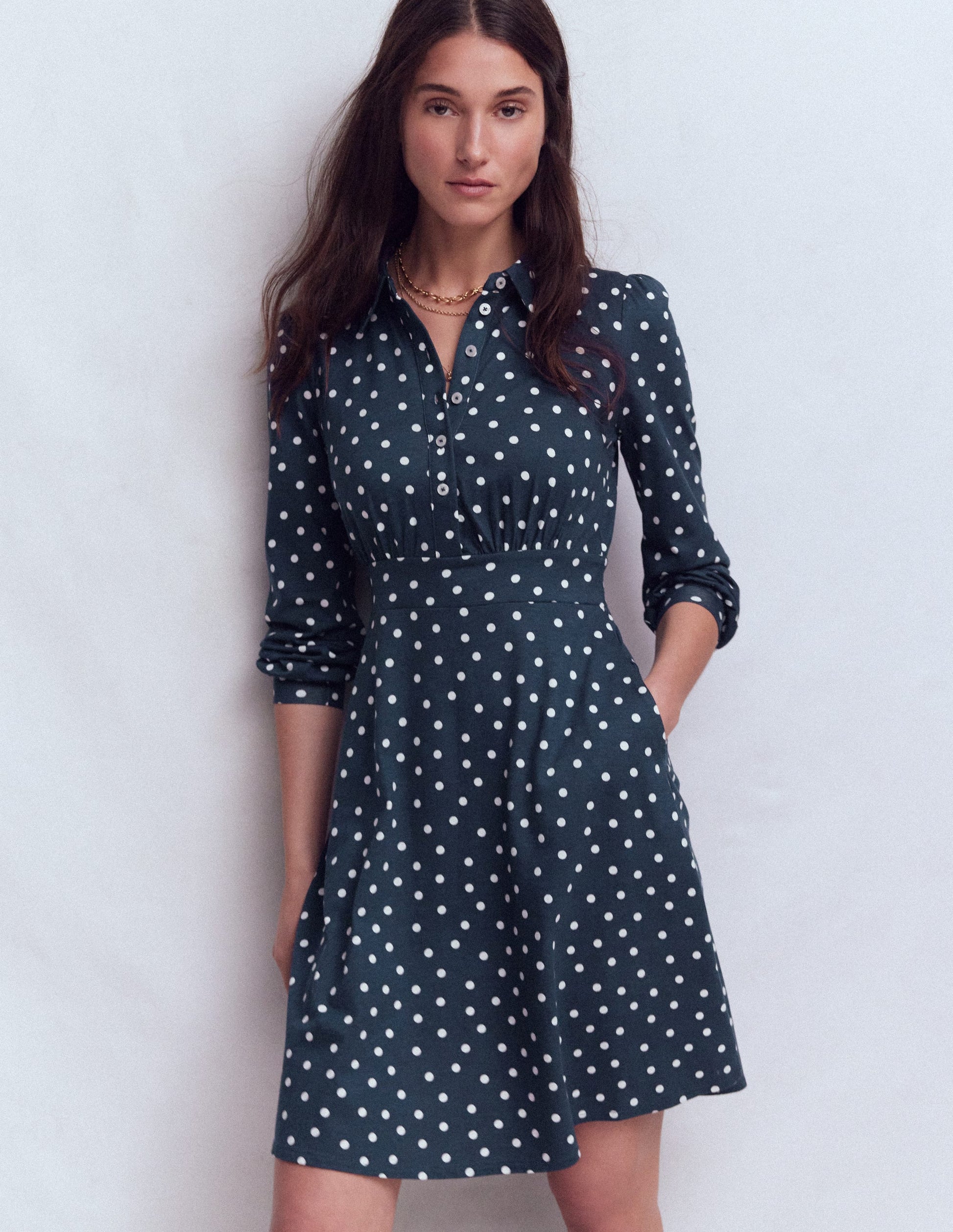 Orla Short Jersey Shirt Dress-French Navy, Painted Dot-1