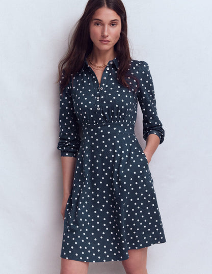 Orla Short Jersey Shirt Dress-French Navy, Painted Dot-1