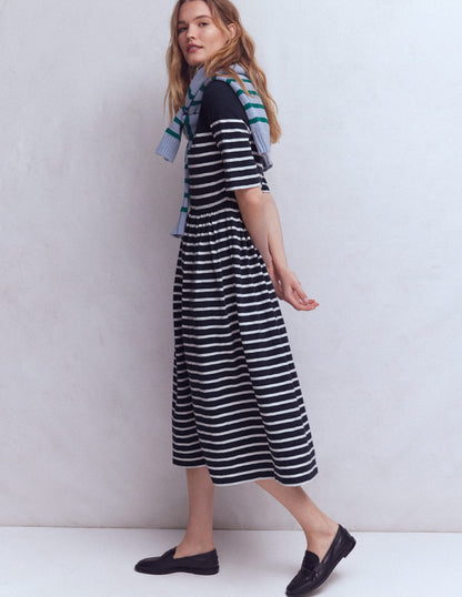 Aria Collared Jersey Dress-Navy, Ivory Stripe-2