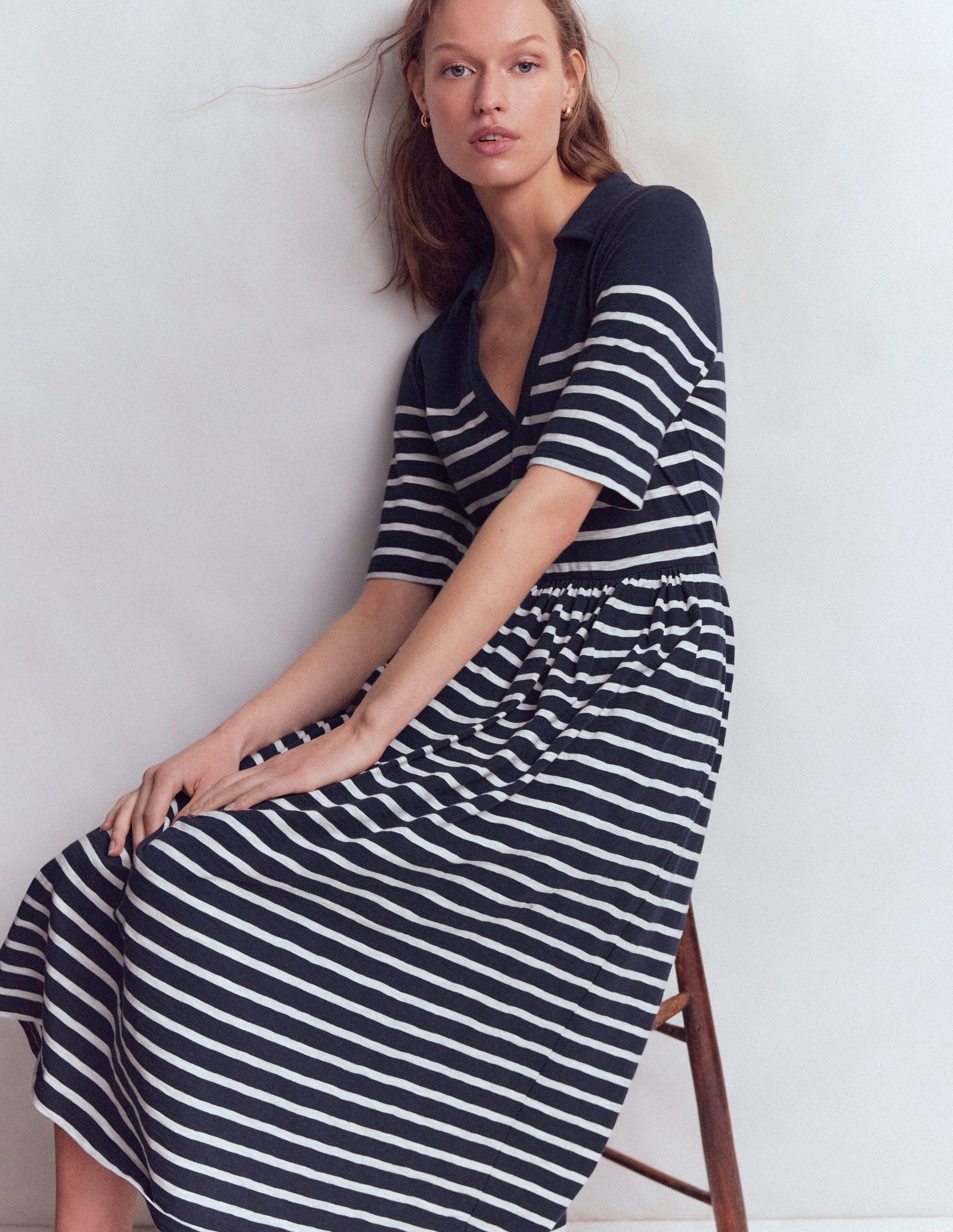 Aria Collared Jersey Dress-Navy, Ivory Stripe-1