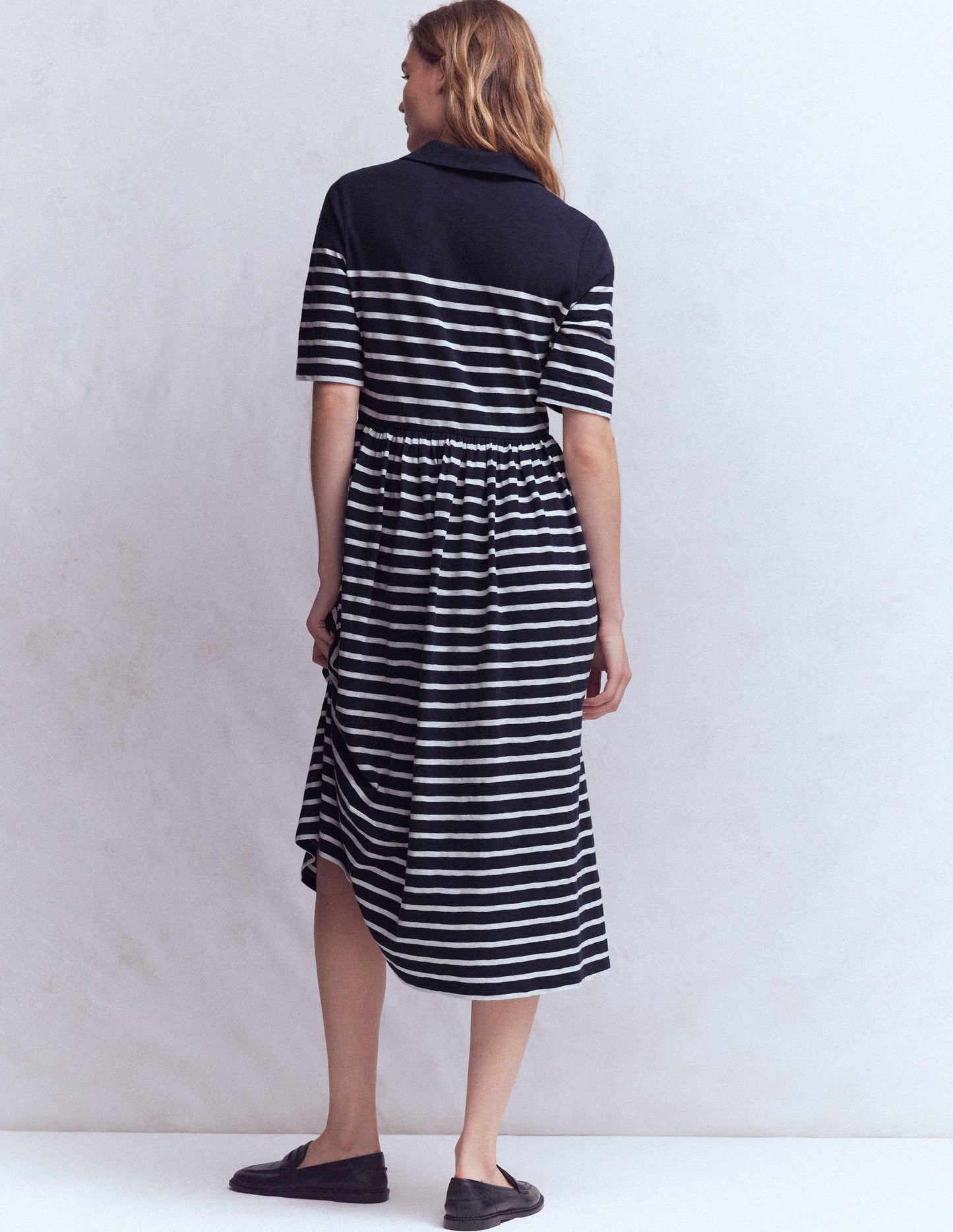 Aria Collared Jersey Dress-Navy, Ivory Stripe