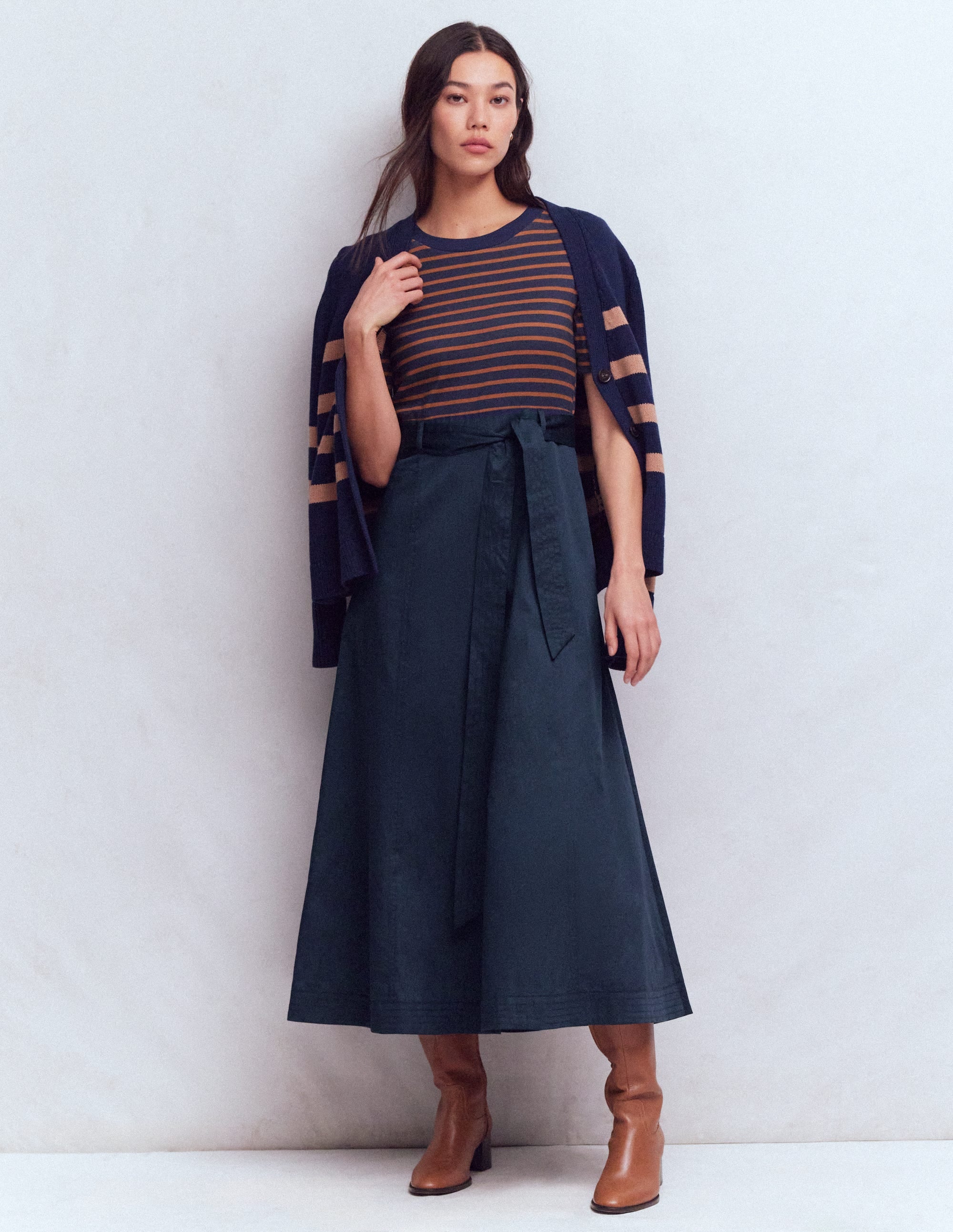 Crew Neck Mix Media Dress-Navy and Gingerbread Stripe - Image 1