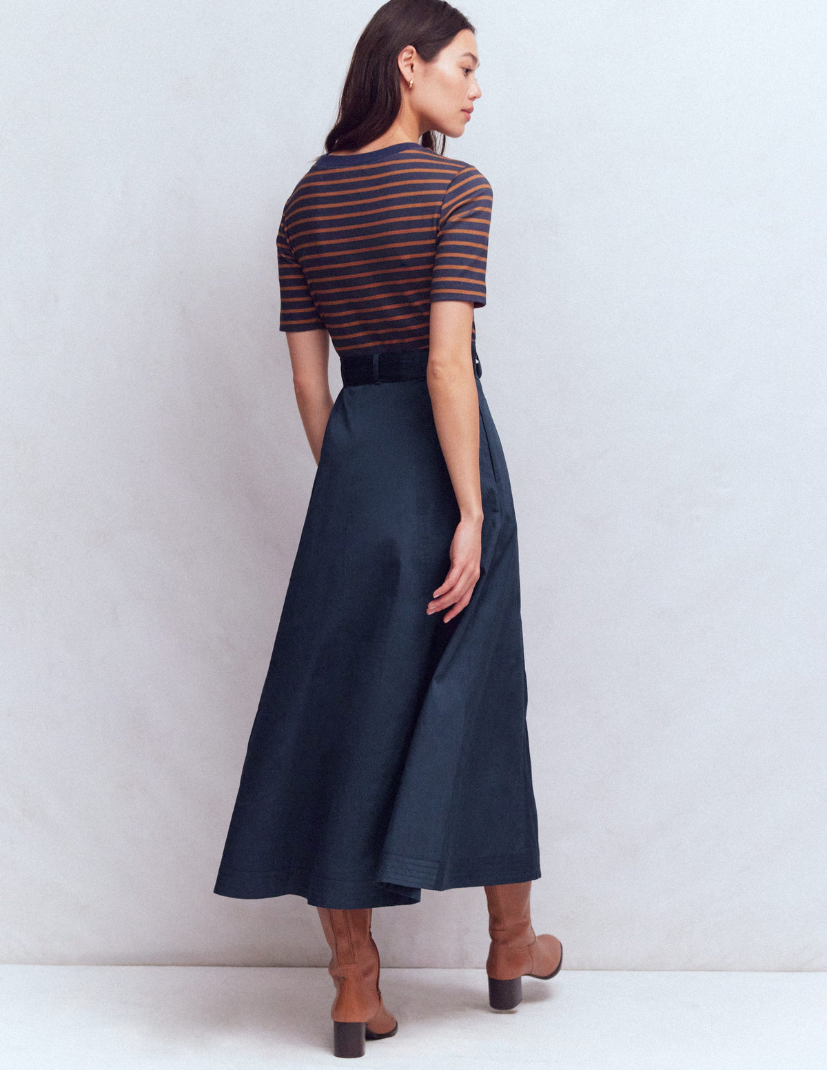Crew Neck Mix Media Dress-Navy and Gingerbread Stripe - Image 3