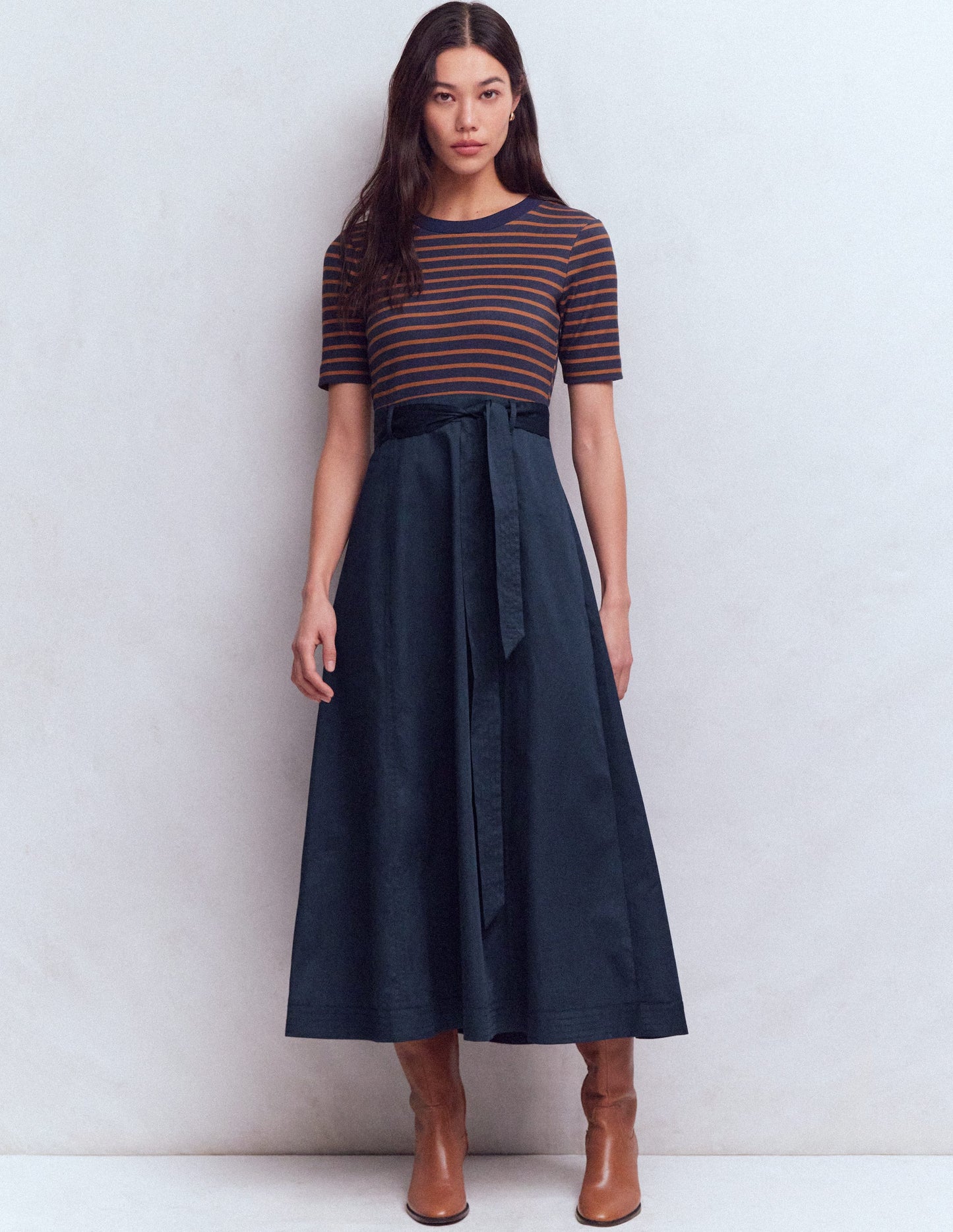 Crew Neck Mix Media Dress-Navy Stripe