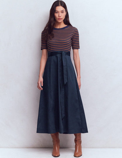 Crew Neck Mix Media Dress-Navy Stripe-4