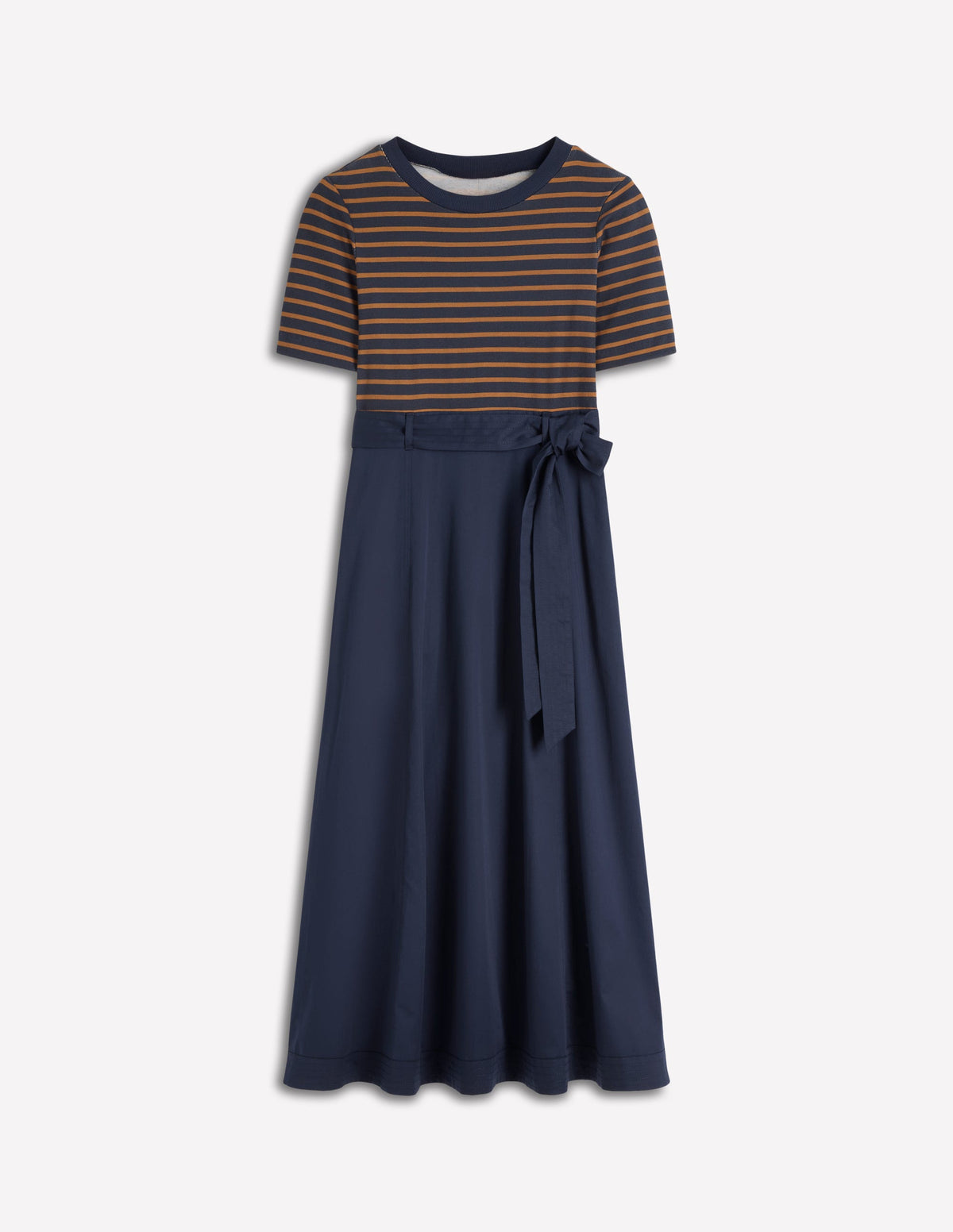 Crew Neck Mix Media Dress-Navy and Gingerbread Stripe - Image 5