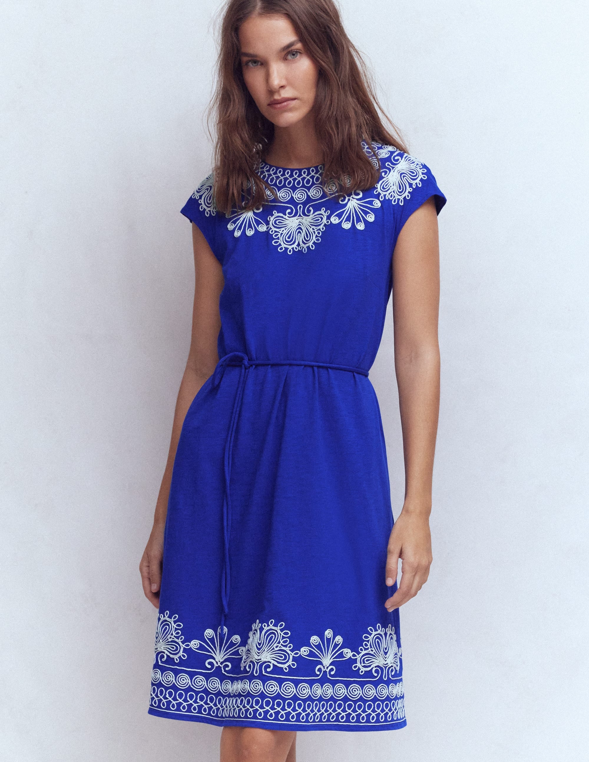 Embroidered Jersey Short Dress-Bright Blue - Image 1