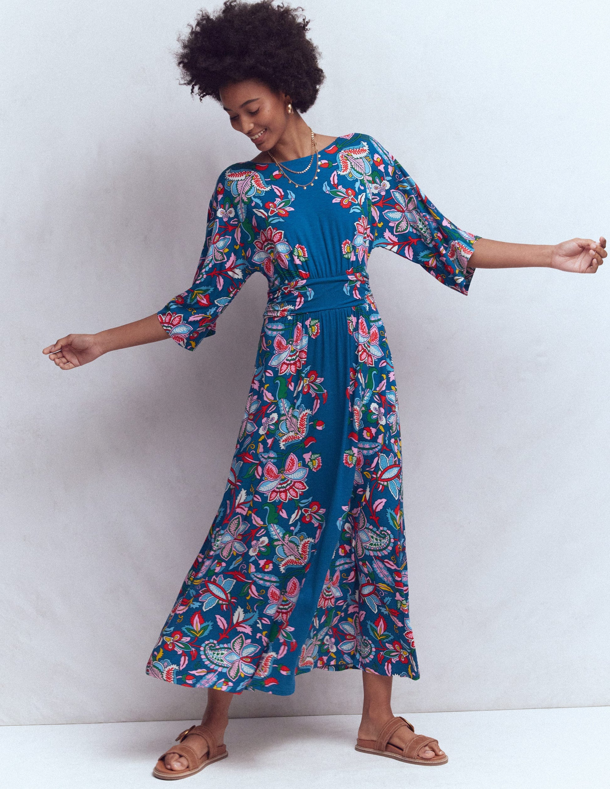 Imelda Kimono Jersey Dress-Blue, Botanical Trail-1