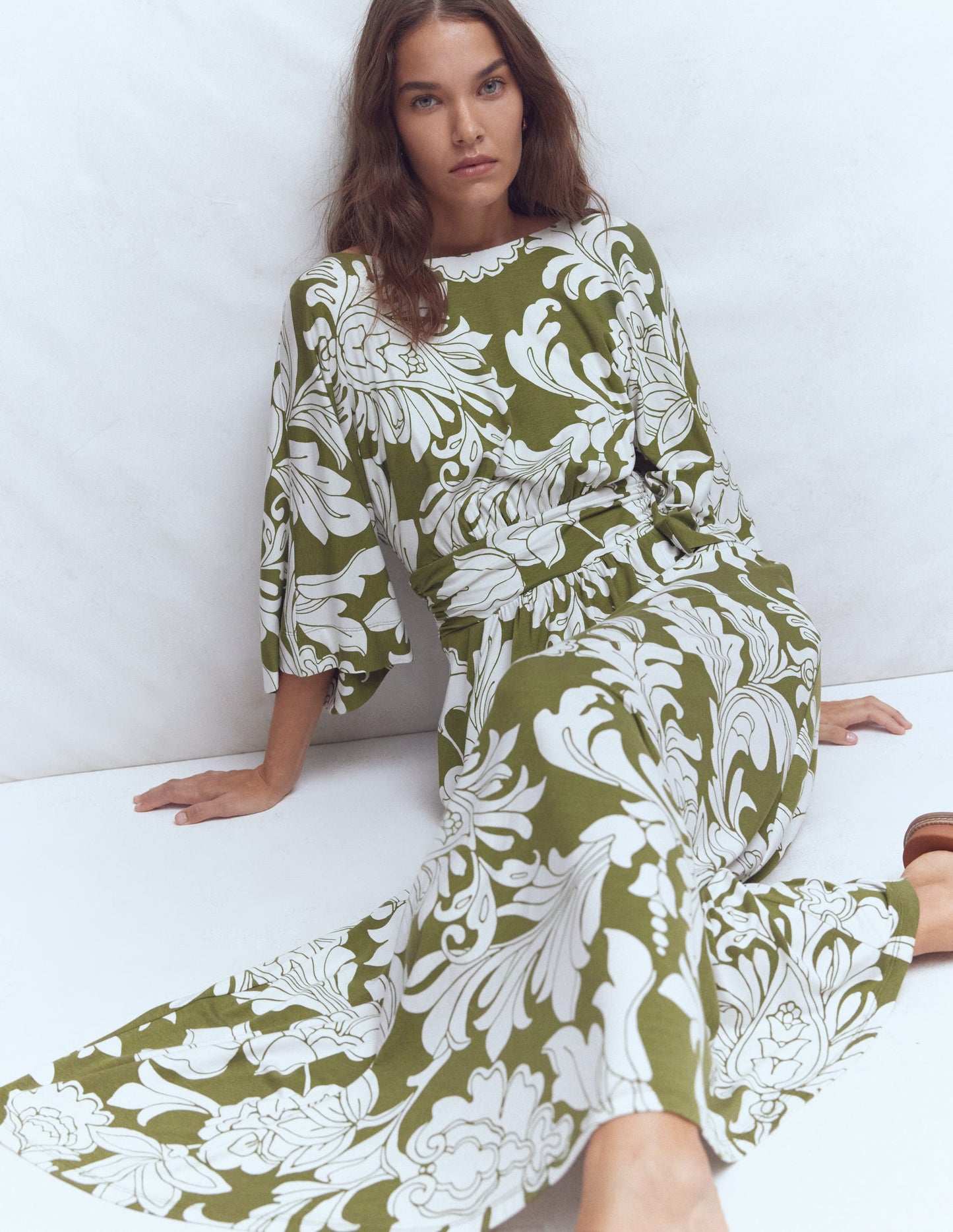 Imelda Kimono Jersey Dress-Olive, Botanical Flourish Mono