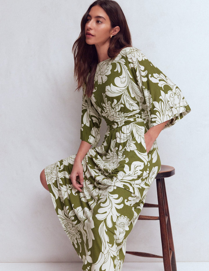 Imelda Kimono Jersey Dress-Olive, Botanical Flourish Mono