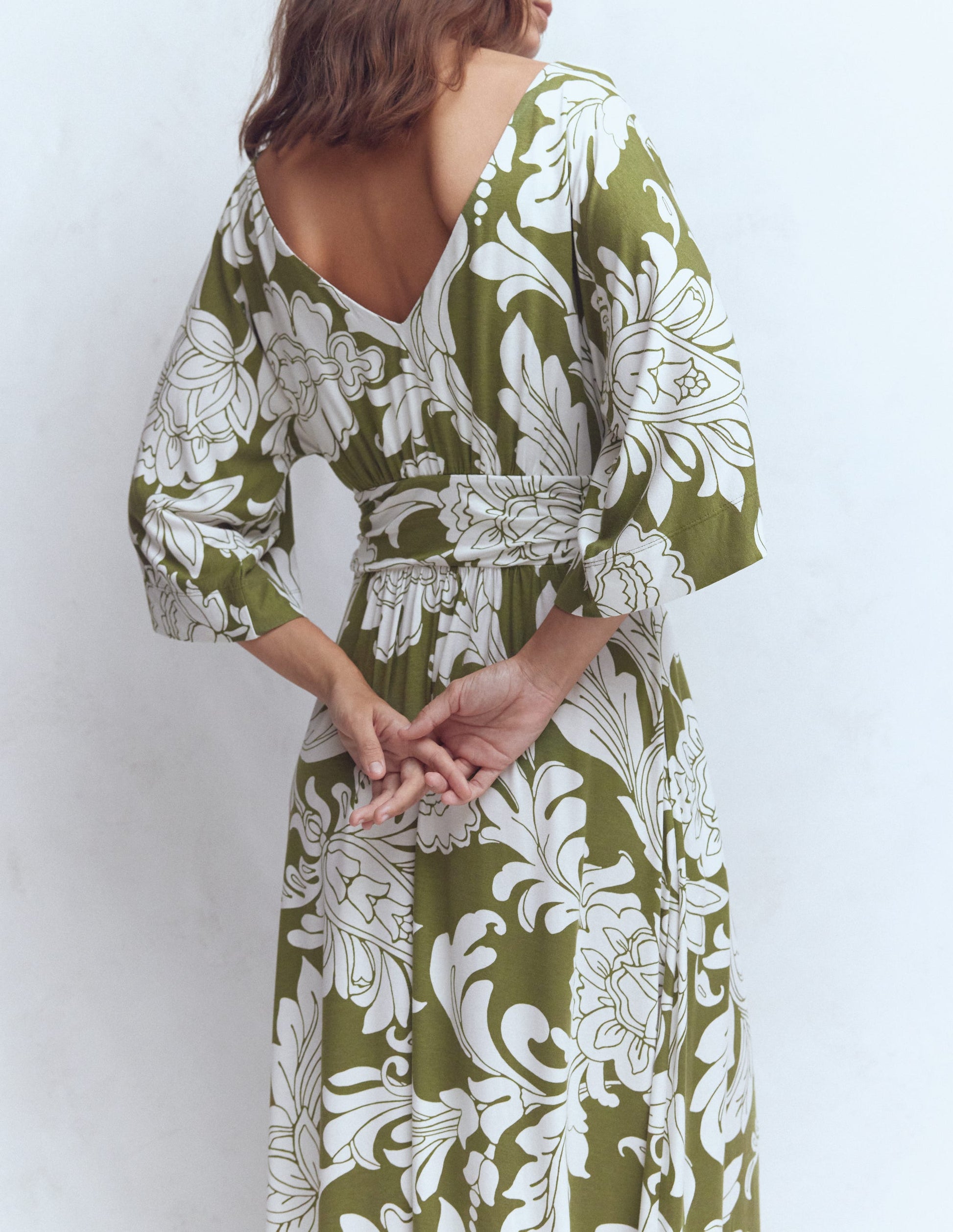 Imelda Kimono Jersey Dress-Olive, Botanical Flourish Mono-3