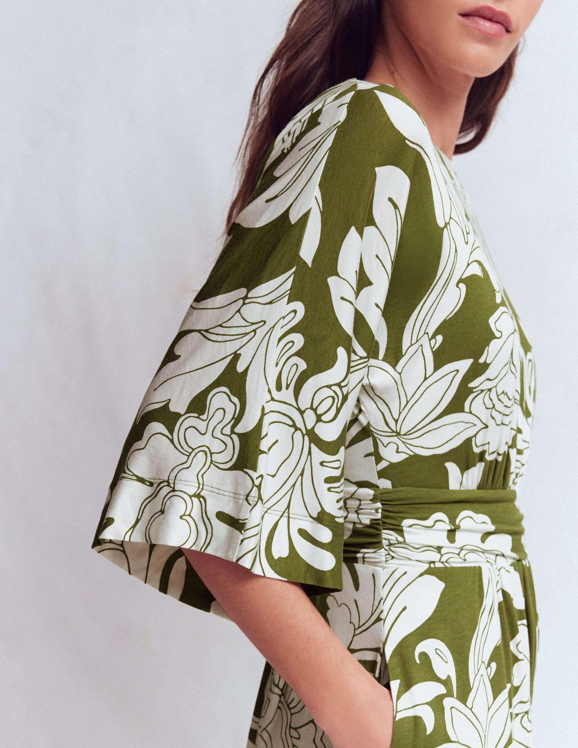 Imelda Kimono Jersey Dress-Olive, Botanical Flourish Mono - Image 2