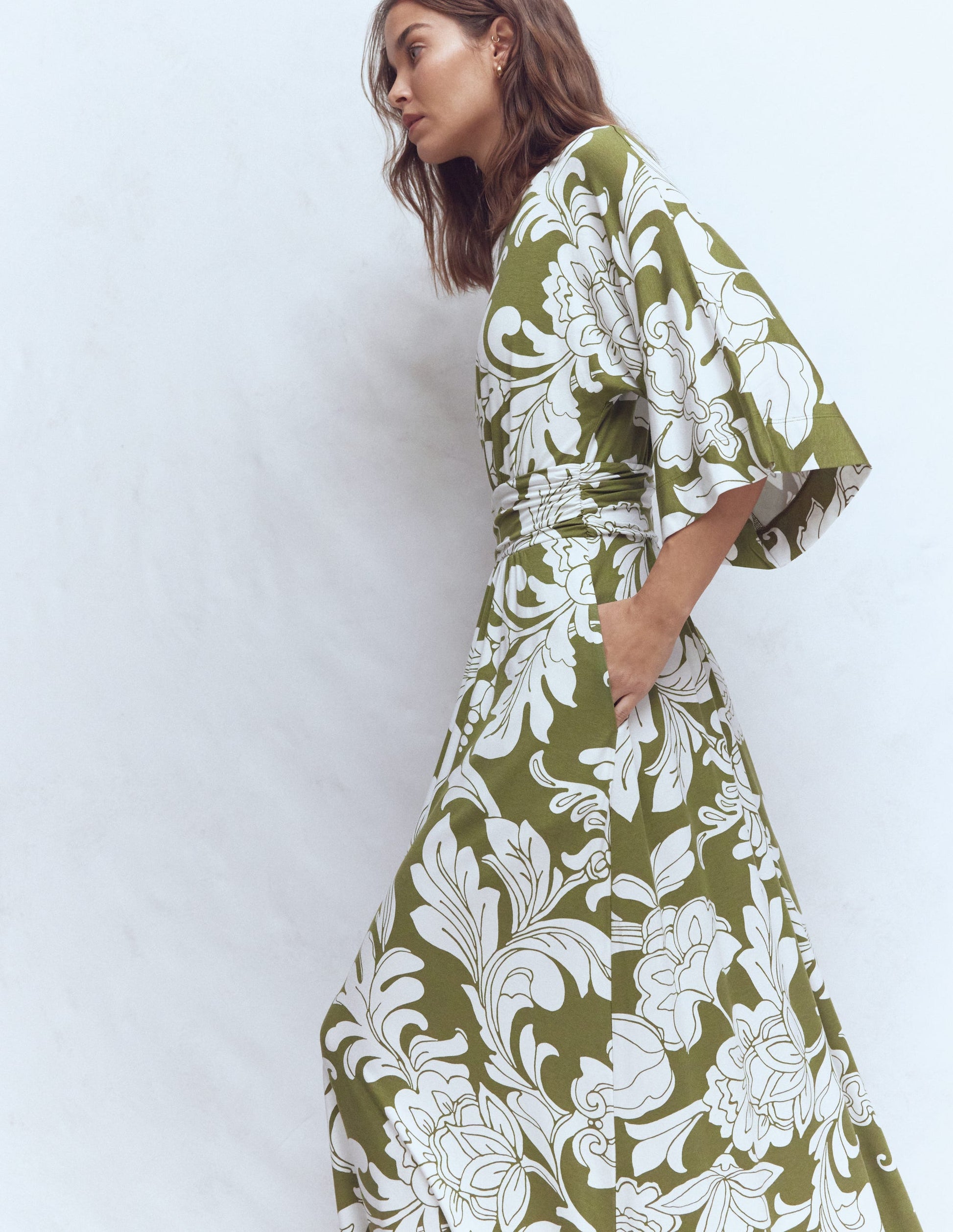 Imelda Kimono Jersey Dress-Olive, Botanical Flourish Mono-4