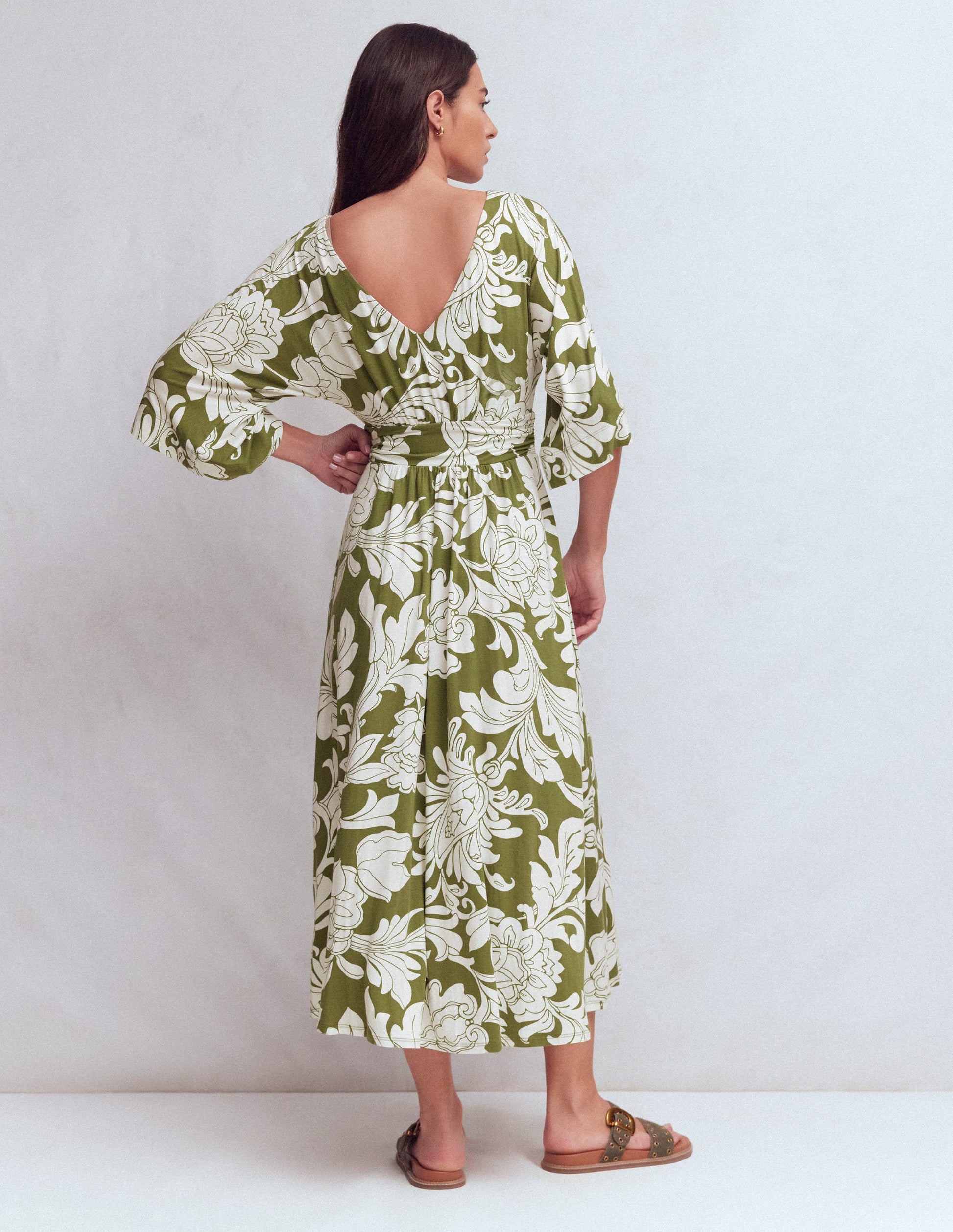 Imelda Kimono Jersey Dress-Olive, Botanical Flourish Mono-3