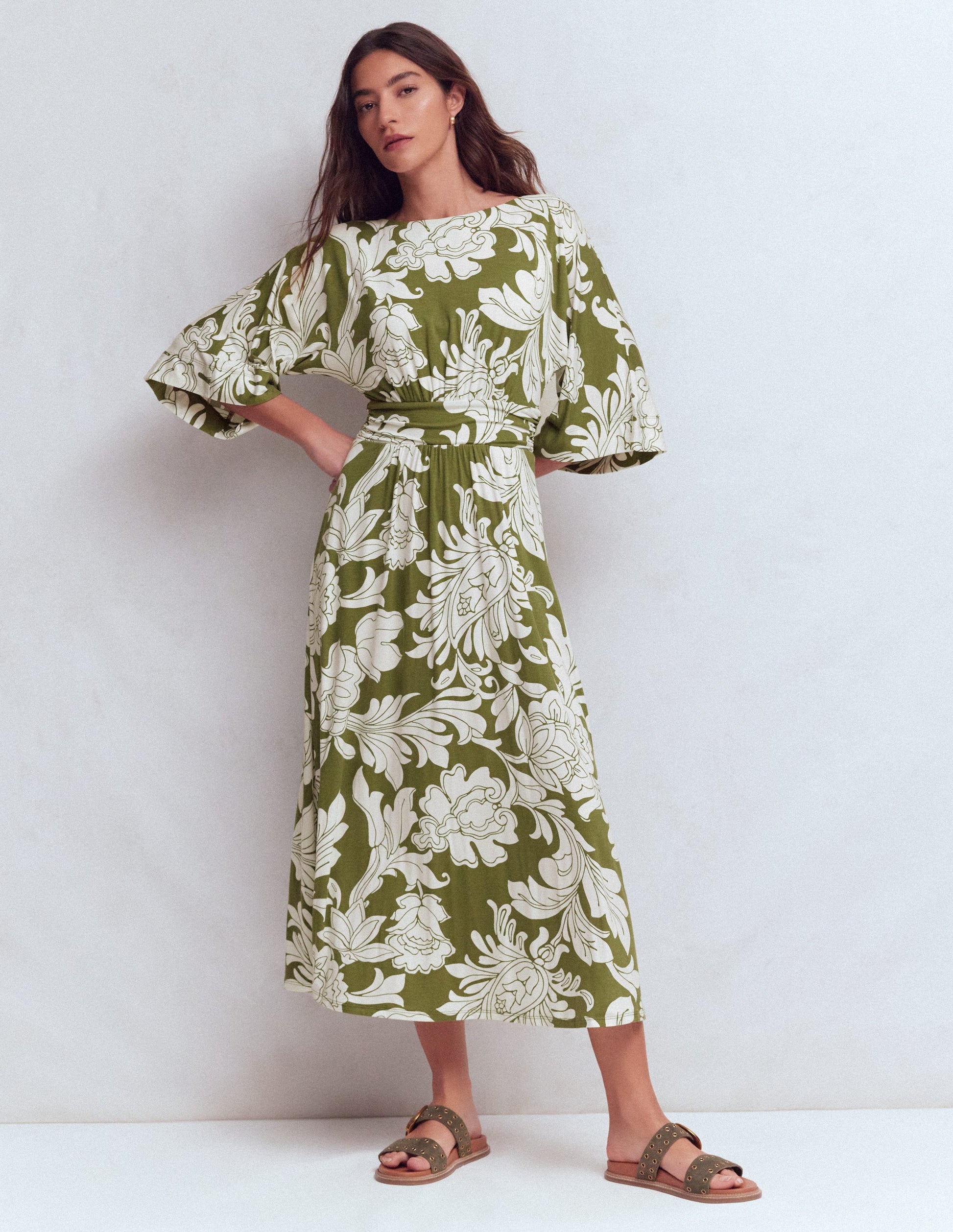 Imelda Kimono Jersey Dress-Olive, Botanical Flourish Mono-4