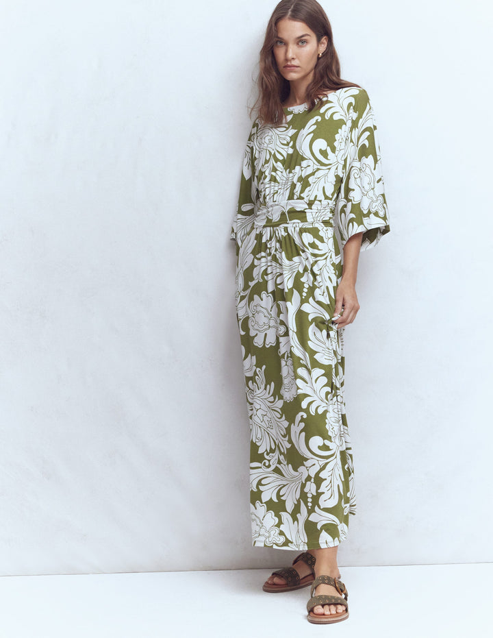 Imelda Kimono Jersey Dress-Olive, Botanical Flourish Mono