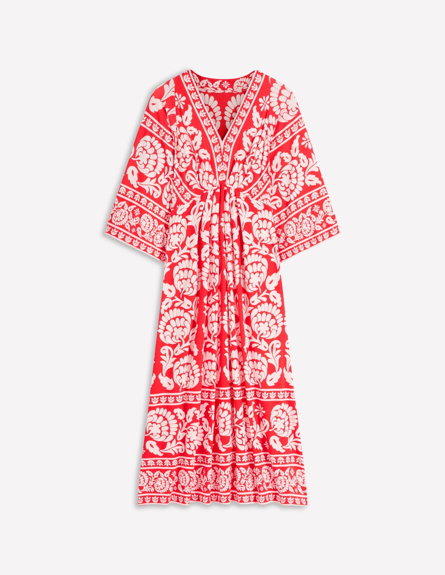 Nell Kimono Midi Jersey Dress-Bright Cherry, Ornate Floret