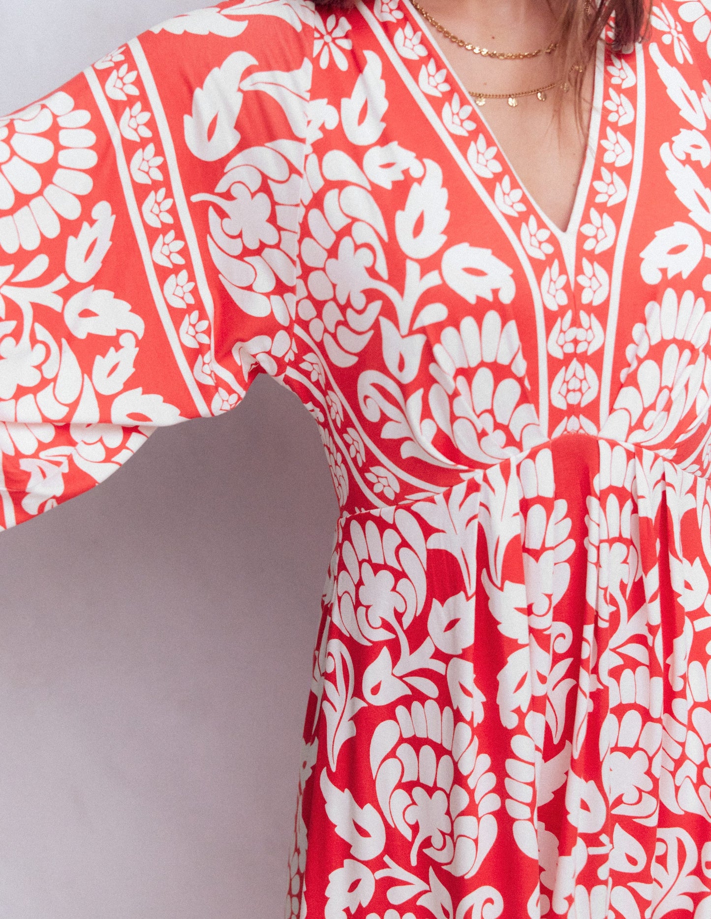 Nell Kimono Midi Jersey Dress-Bright Cherry, Ornate Floret