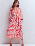 Nell Kimono Midi Jersey Dress-Bright Cherry, Ornate Floret
