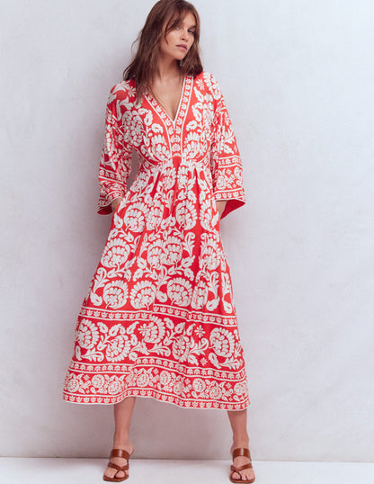 Nell Kimono Midi Jersey Dress-Bright Cherry, Ornate Floret-4