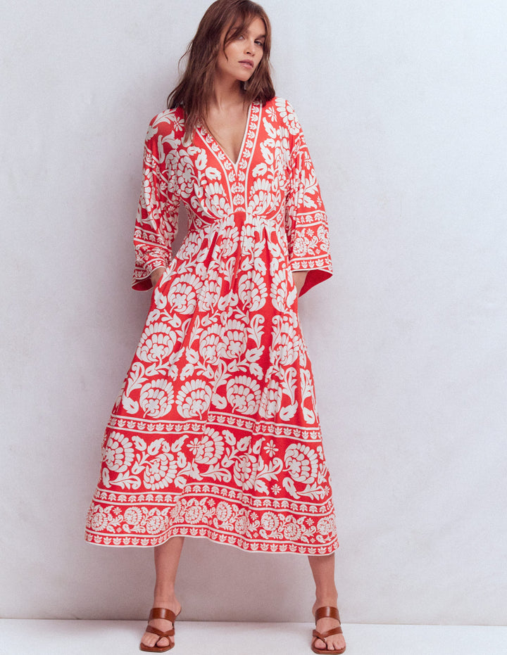 Nell Kimono Midi Jersey Dress-Bright Cherry, Ornate Floret