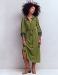 Embroidered Jersey Shirt Dress-Olive