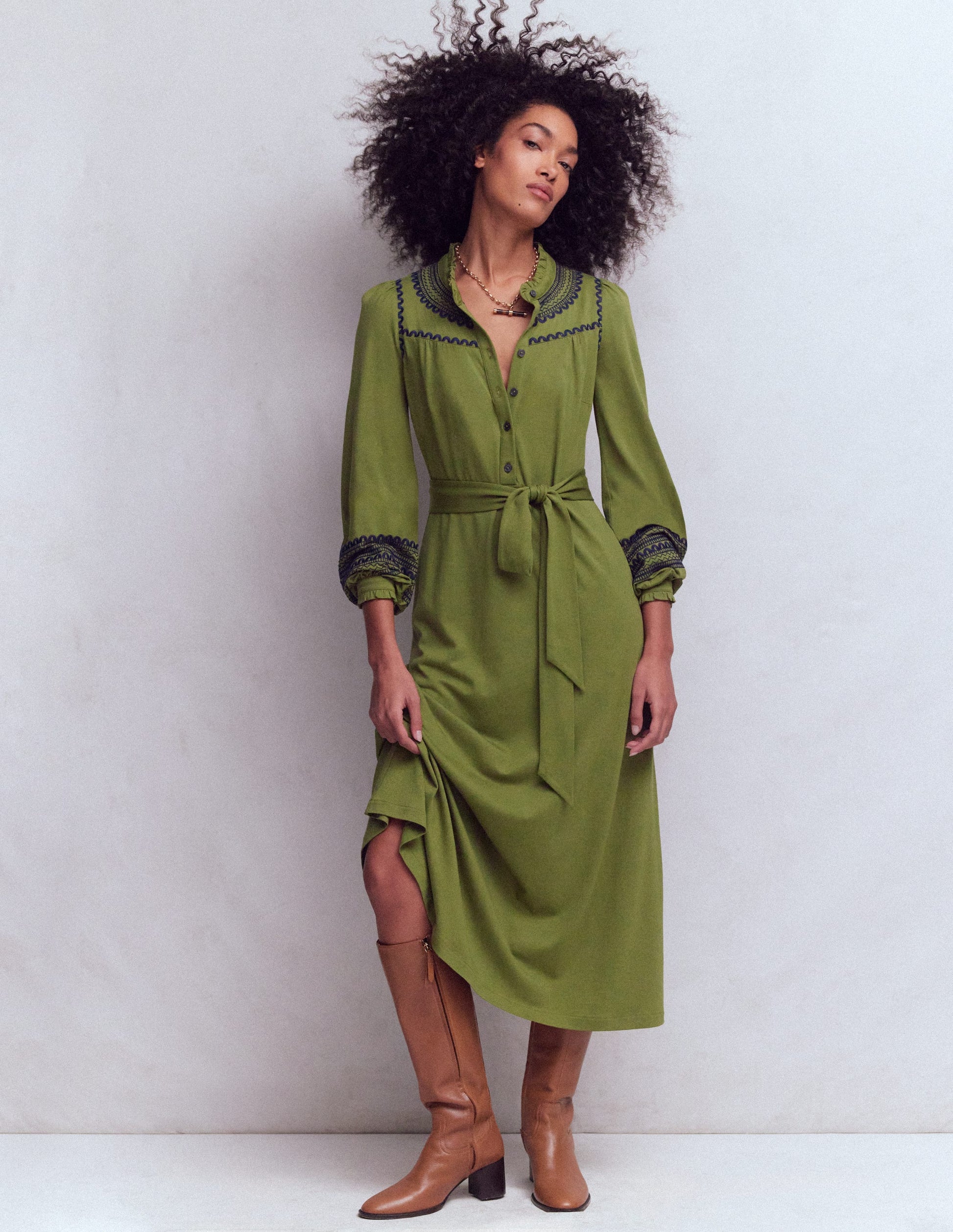Ruffle Jersey Midi Shirt Dress-Olive-1