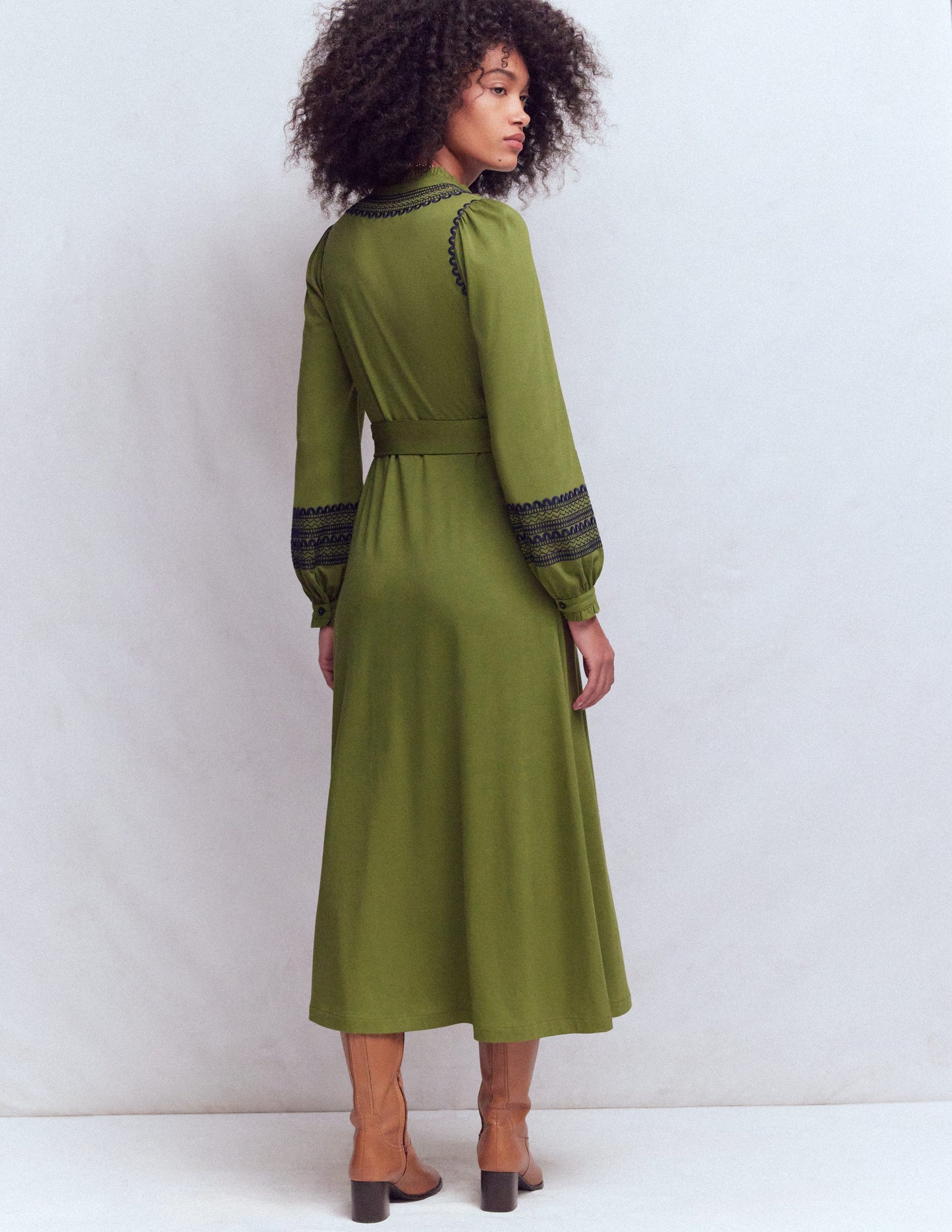 Ruffle Jersey Midi Shirt Dress-Olive