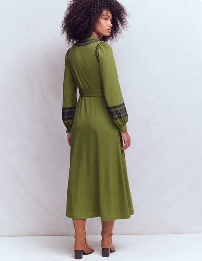 Ruffle Jersey Midi Shirt Dress-Olive-3