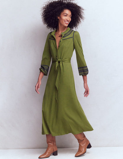 Ruffle Jersey Midi Shirt Dress-Olive-4