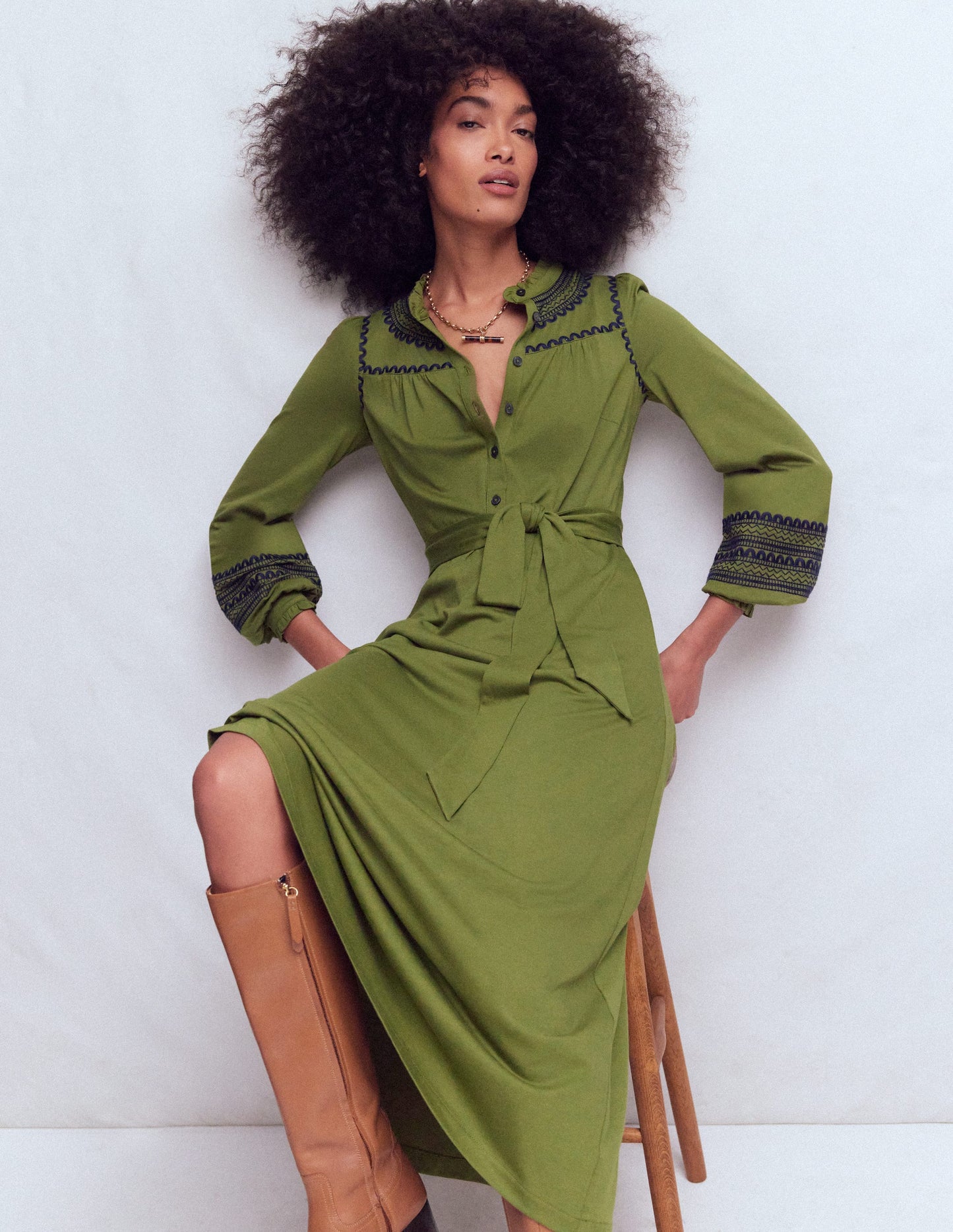 Ruffle Jersey Midi Shirt Dress-Olive