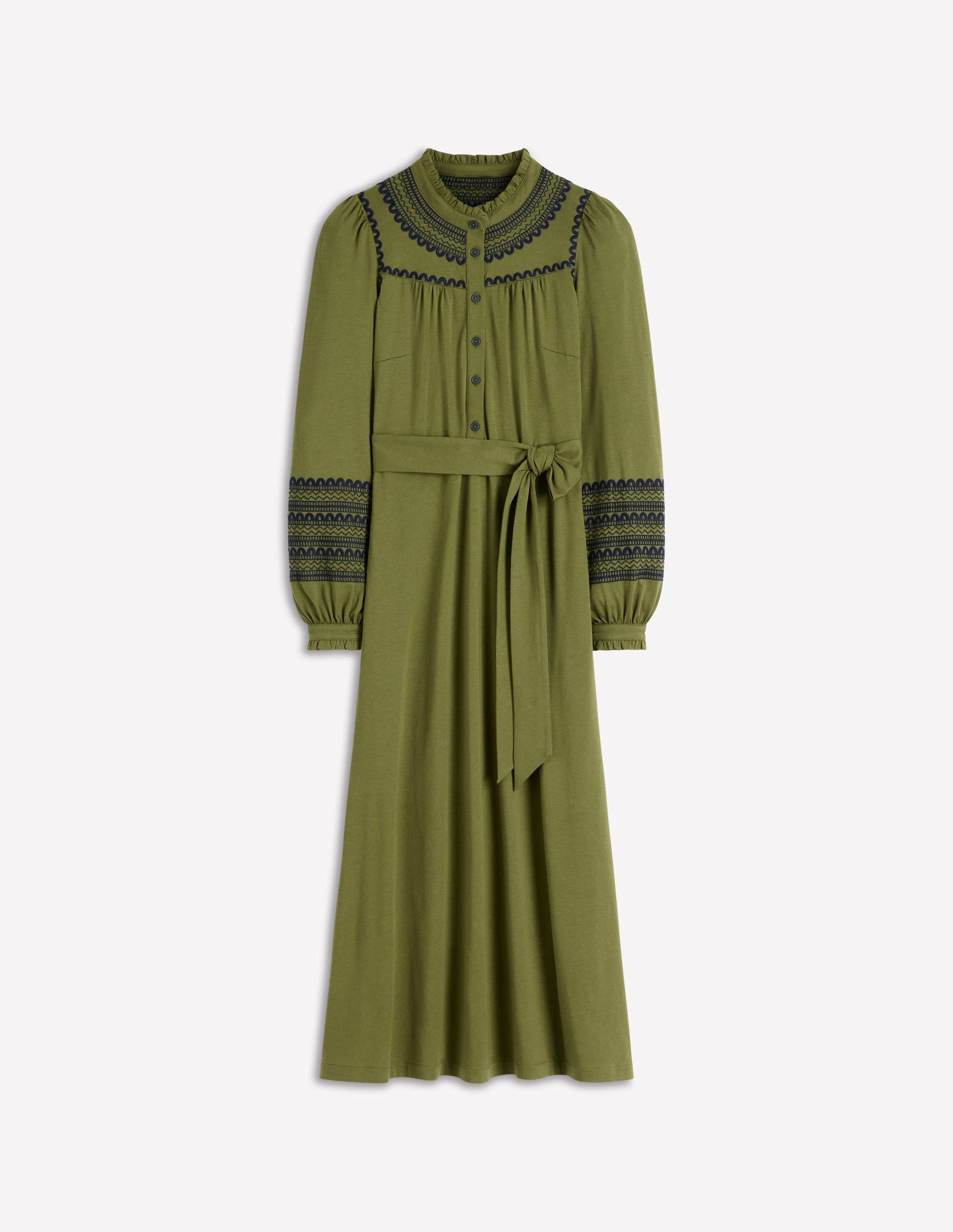 Embroidered Jersey Shirt Dress-Olive - Image 6