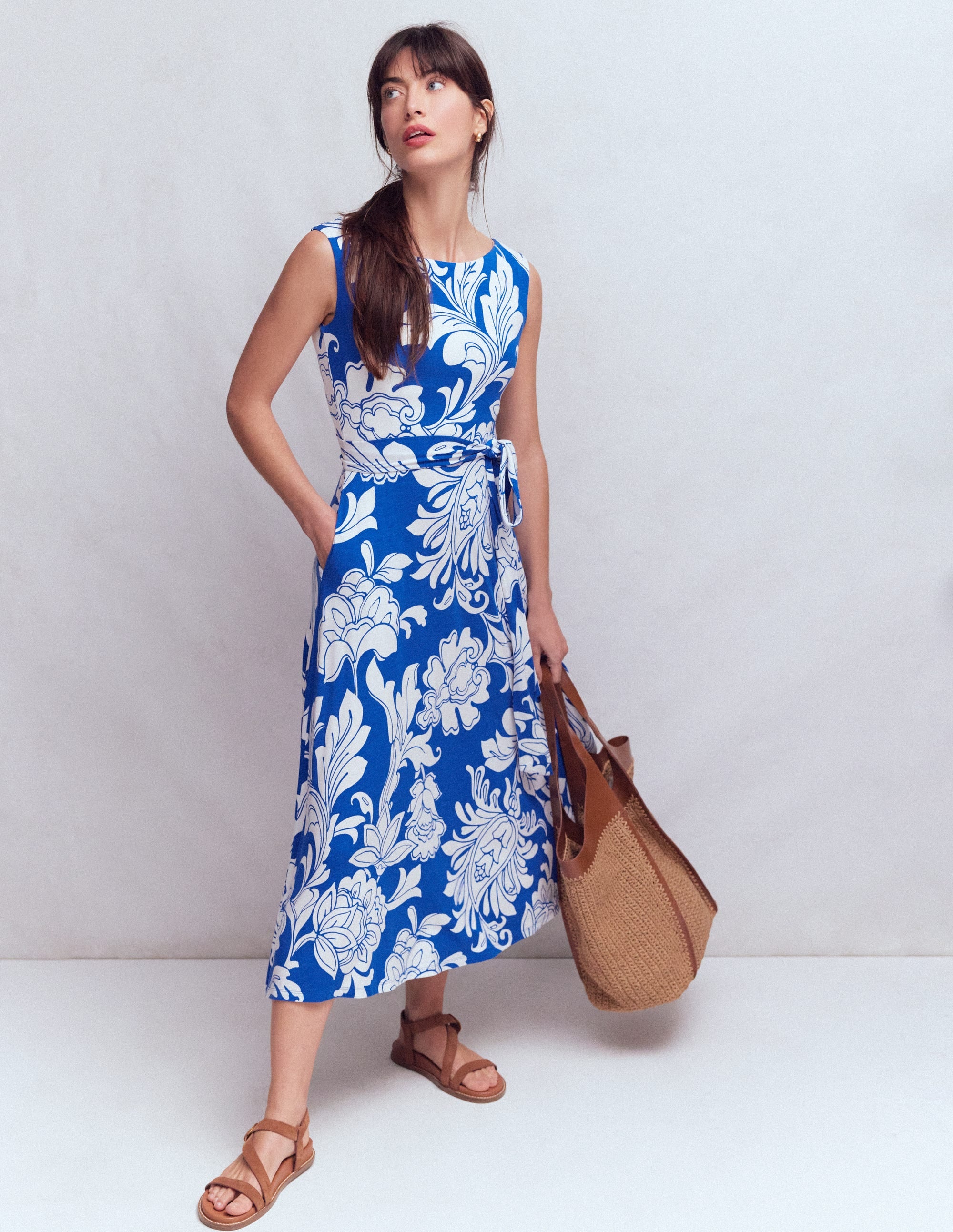 Tamsin Jersey Midi Dress-Blue, Botanical Flourish Mono - Image 1