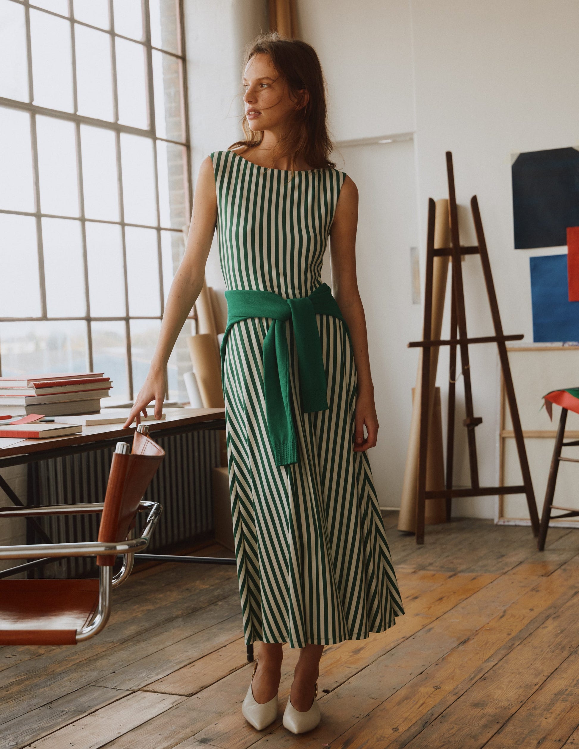 Tamsin Jersey Midi Dress-Fresh Green and Ivory Stripe-6