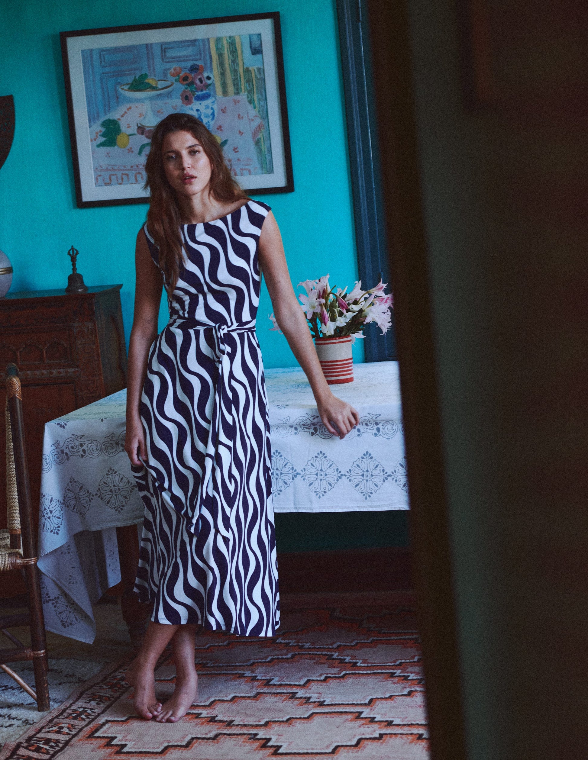 Tamsin Jersey Midi Dress-French Navy, Rhythmic Wave-5