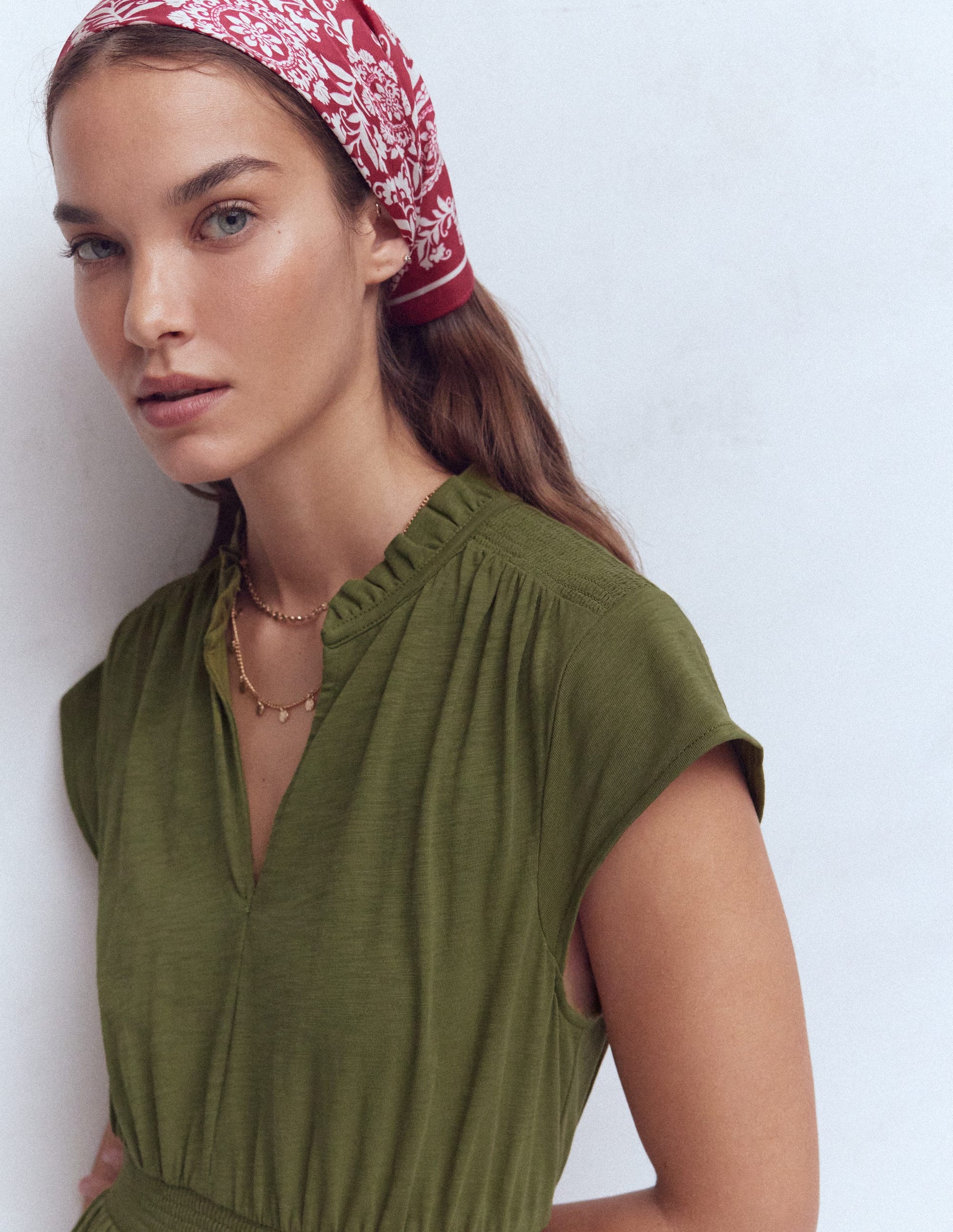 Alba Smocked Jersey Midi Dress-Olive-3