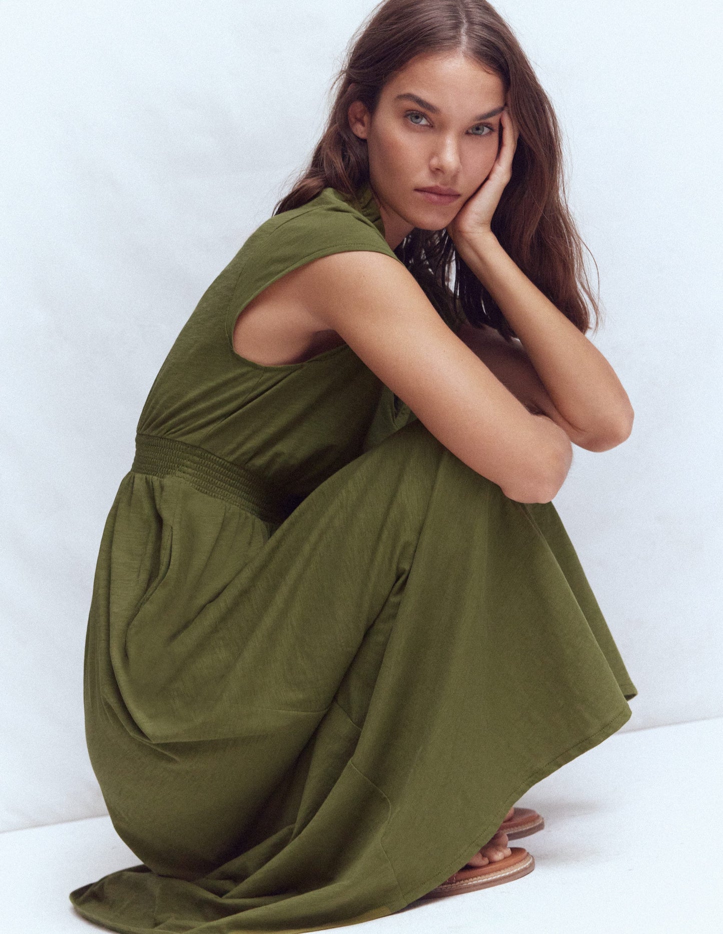 Alba Smocked Jersey Midi Dress-Olive