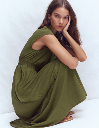 Alba Smocked Jersey Midi Dress-Olive-5