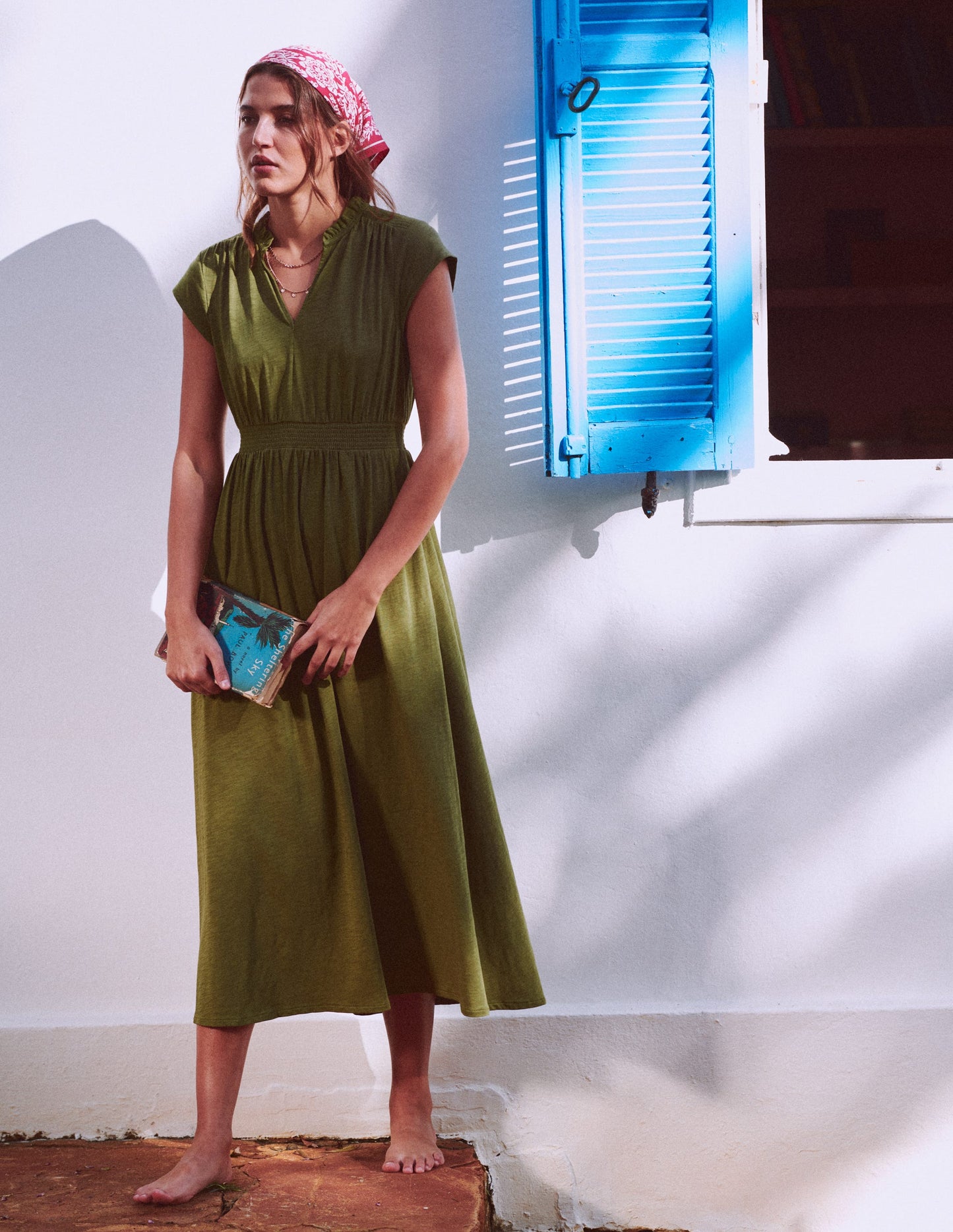 Alba Smocked Jersey Midi Dress-Olive