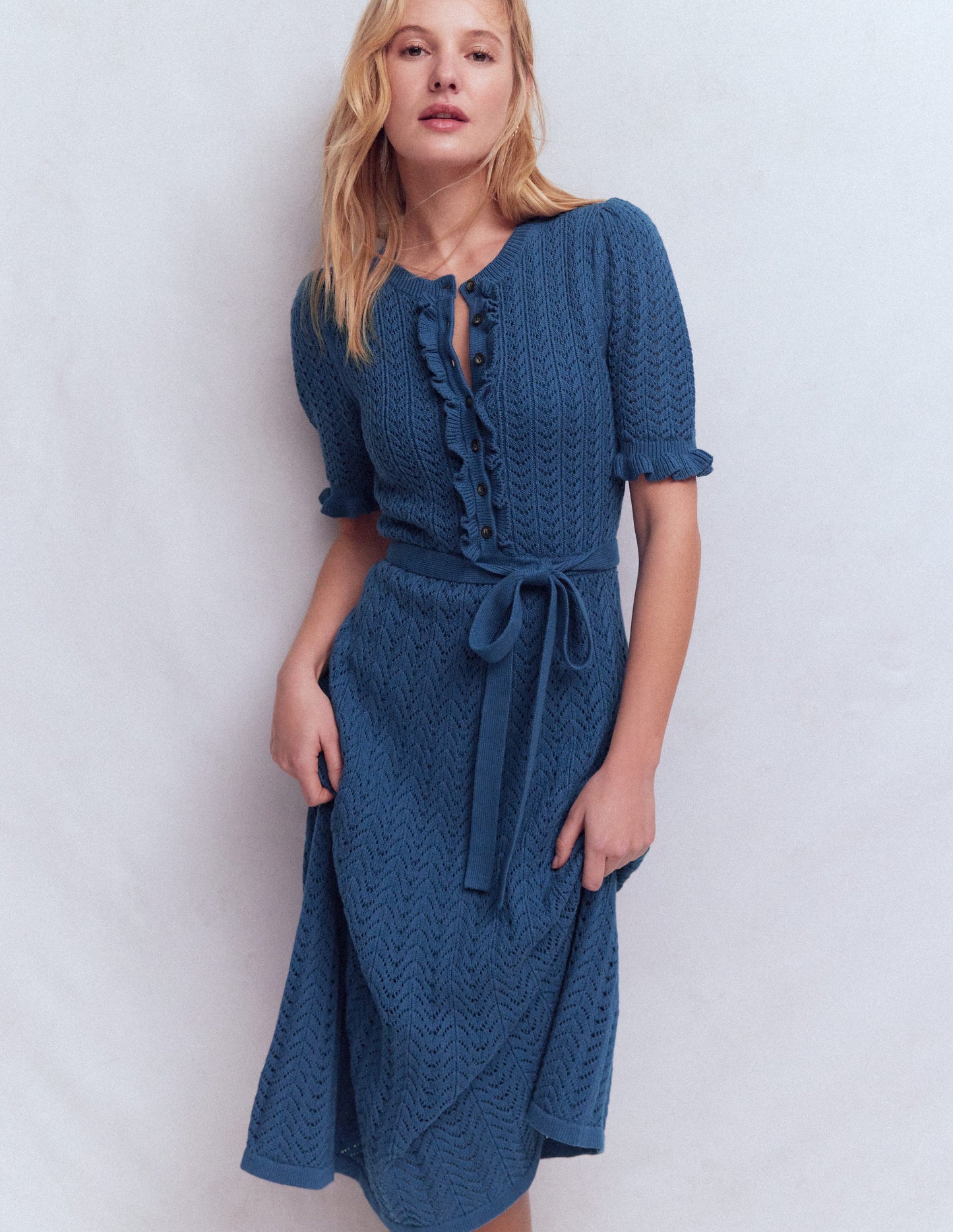 Henley Frill Knitted Dress-Denim Blue