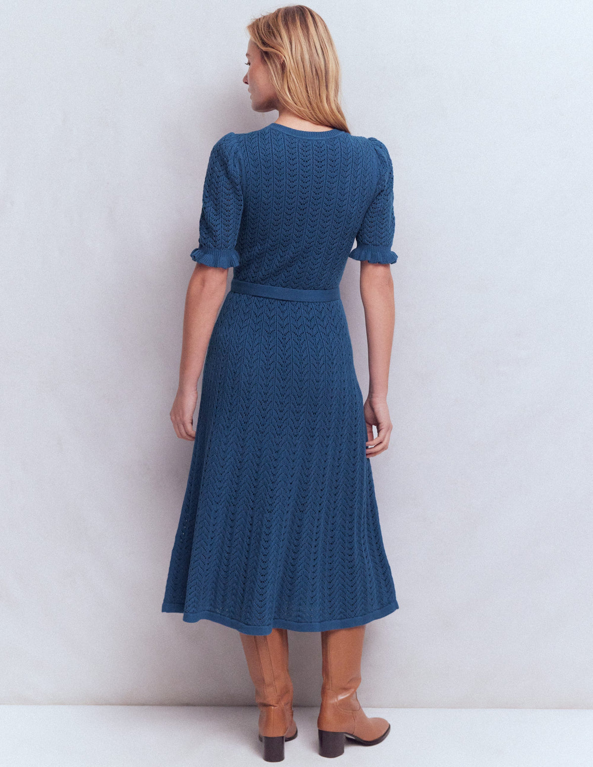 Henley Frill Knitted Dress-Denim Blue - Image 3