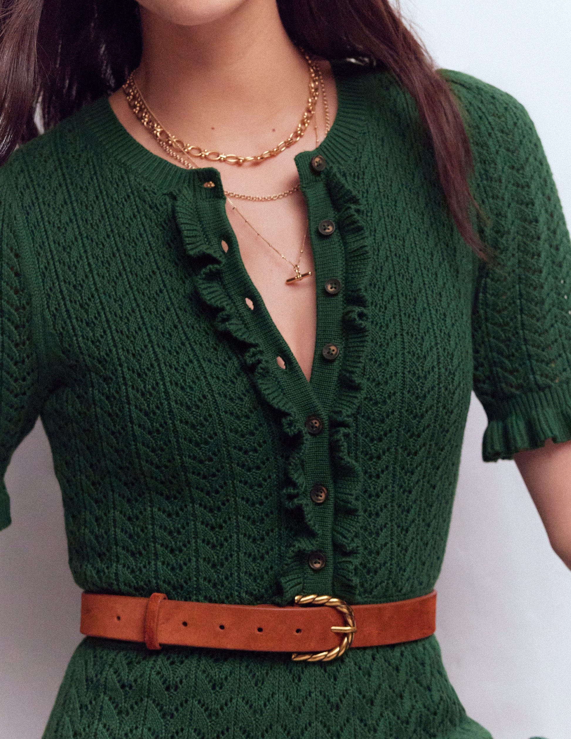 Henley Frill Knitted Dress-Hunter Green-2