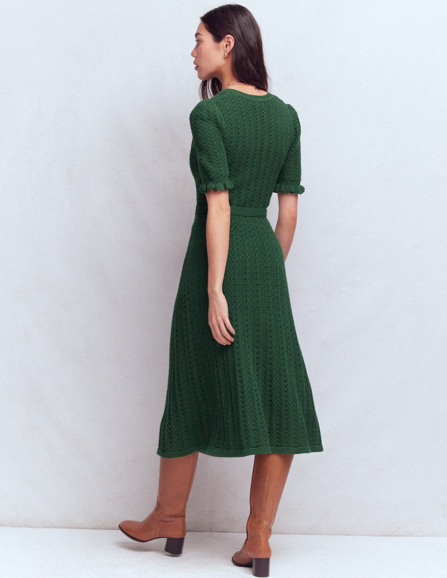 Henley Frill Knitted Dress-Hunter Green