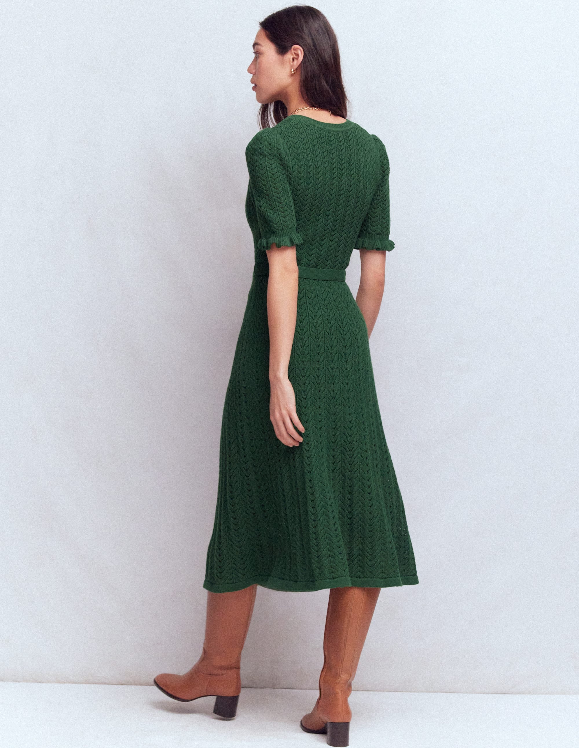 Henley Frill Knitted Dress-Hunter Green - Image 4