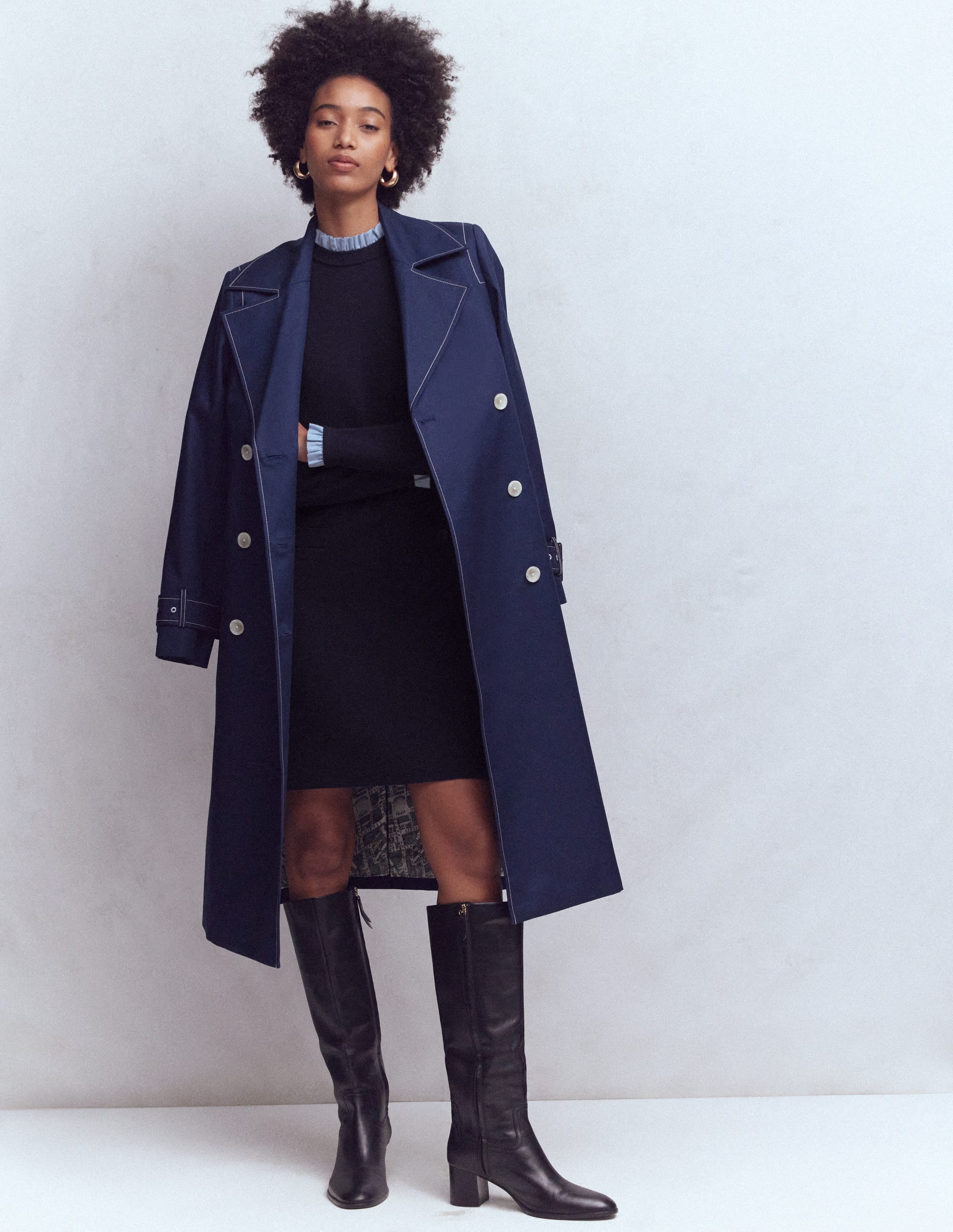 Woven Trim Knit Dress-Navy - Image 1